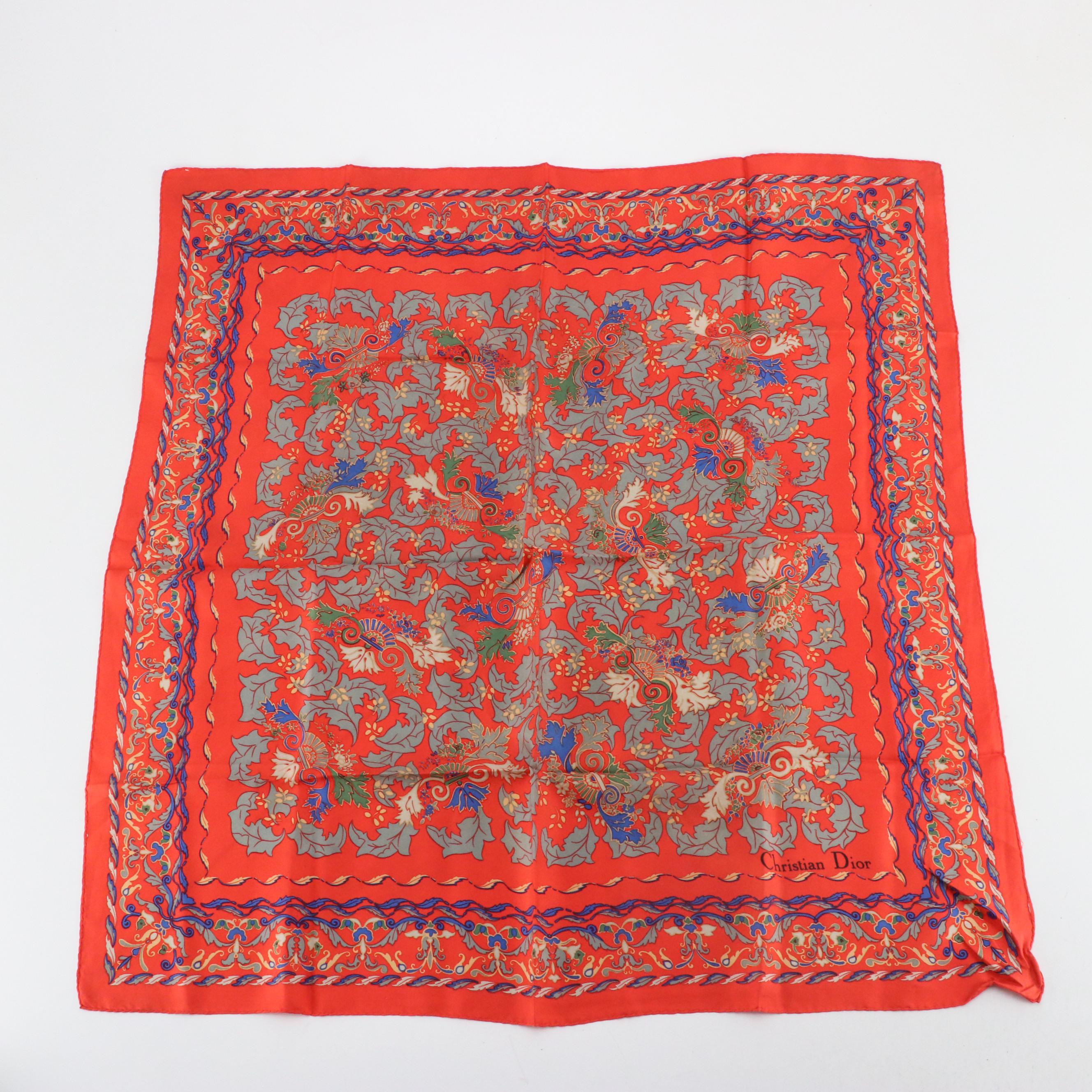 Christian Dior Crystal Gold Tone Clip Earrings and Pin with Silk Twill Scarf