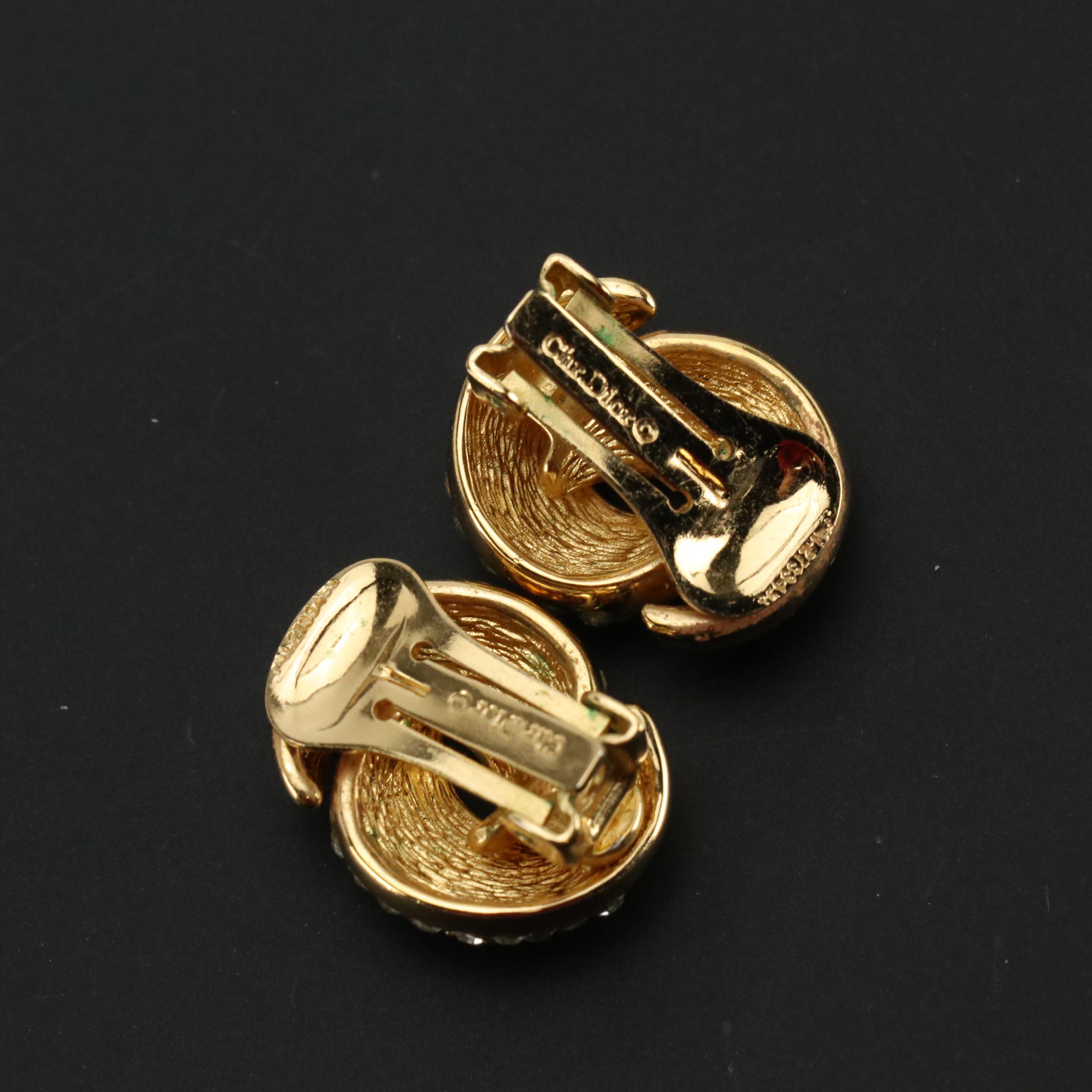 Christian Dior Crystal Gold Tone Clip Earrings and Pin with Silk Twill Scarf