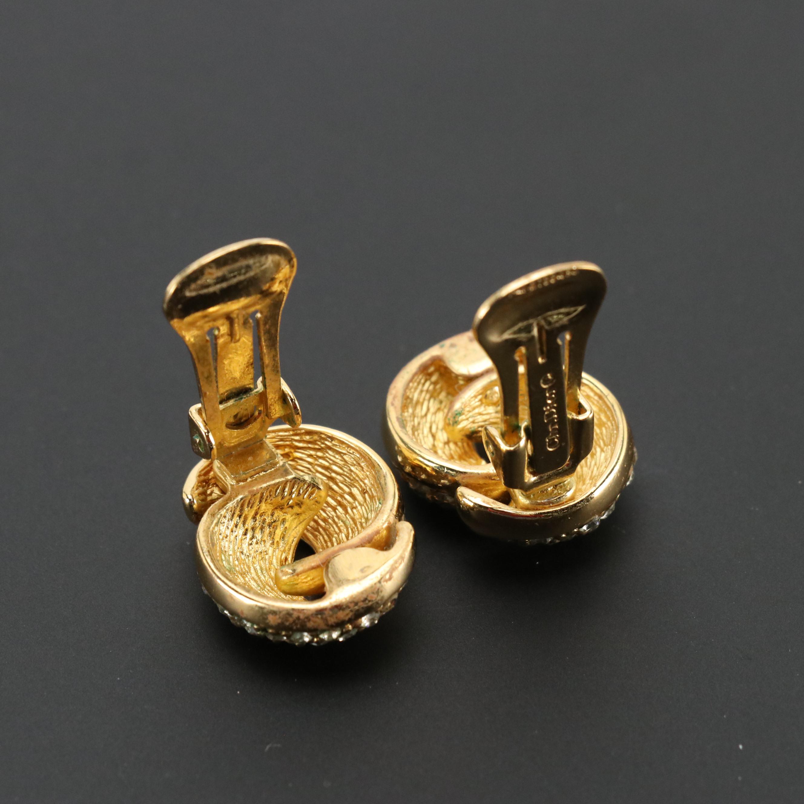 Christian Dior Crystal Gold Tone Clip Earrings and Pin with Silk Twill Scarf