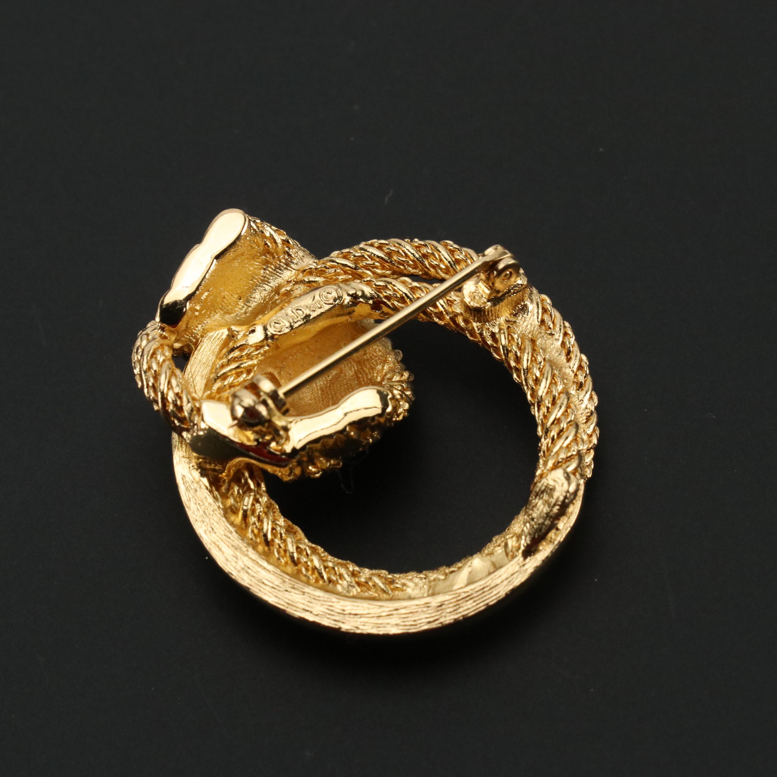 Christian Dior Crystal Gold Tone Clip Earrings and Pin with Silk Twill Scarf