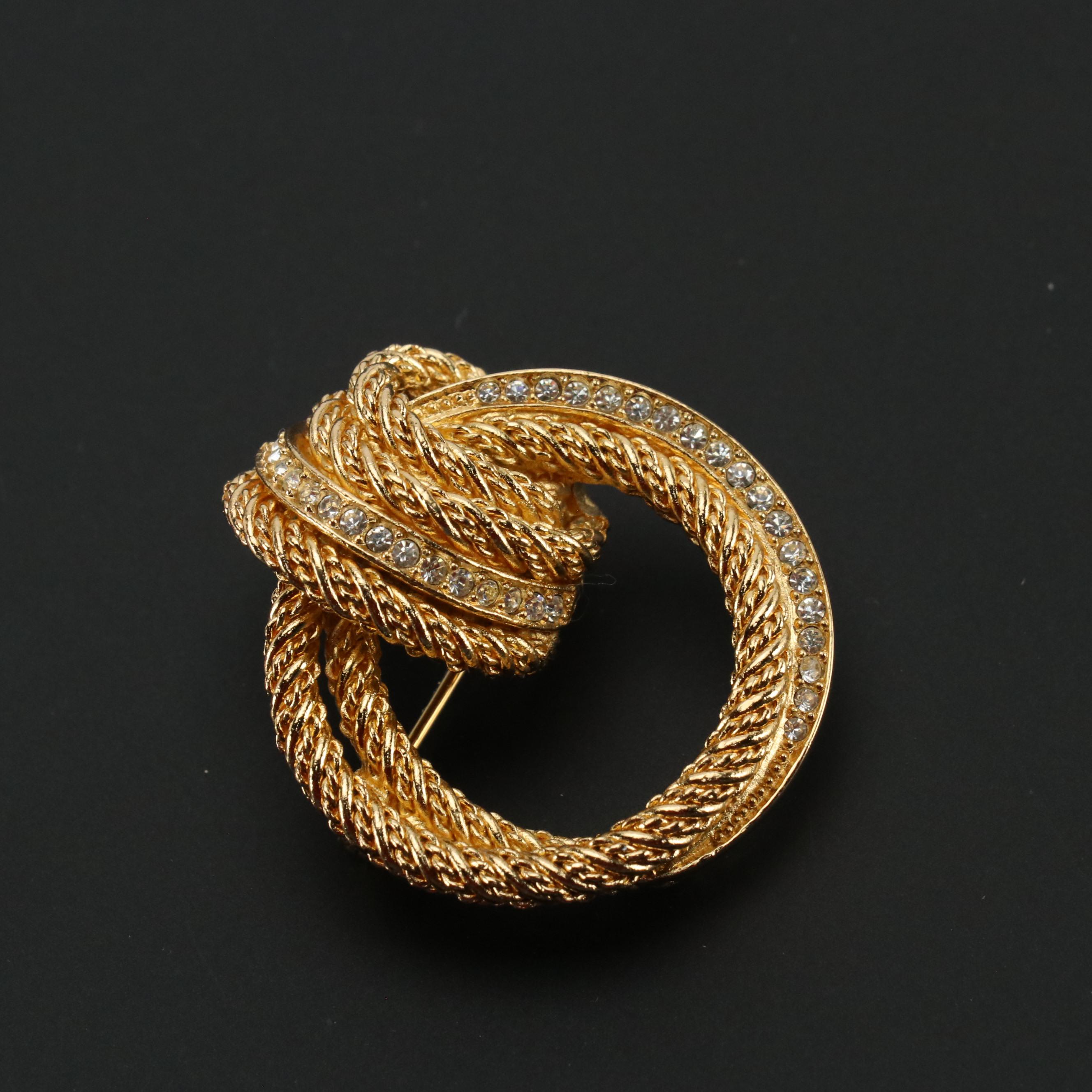 Christian Dior Crystal Gold Tone Clip Earrings and Pin with Silk Twill Scarf