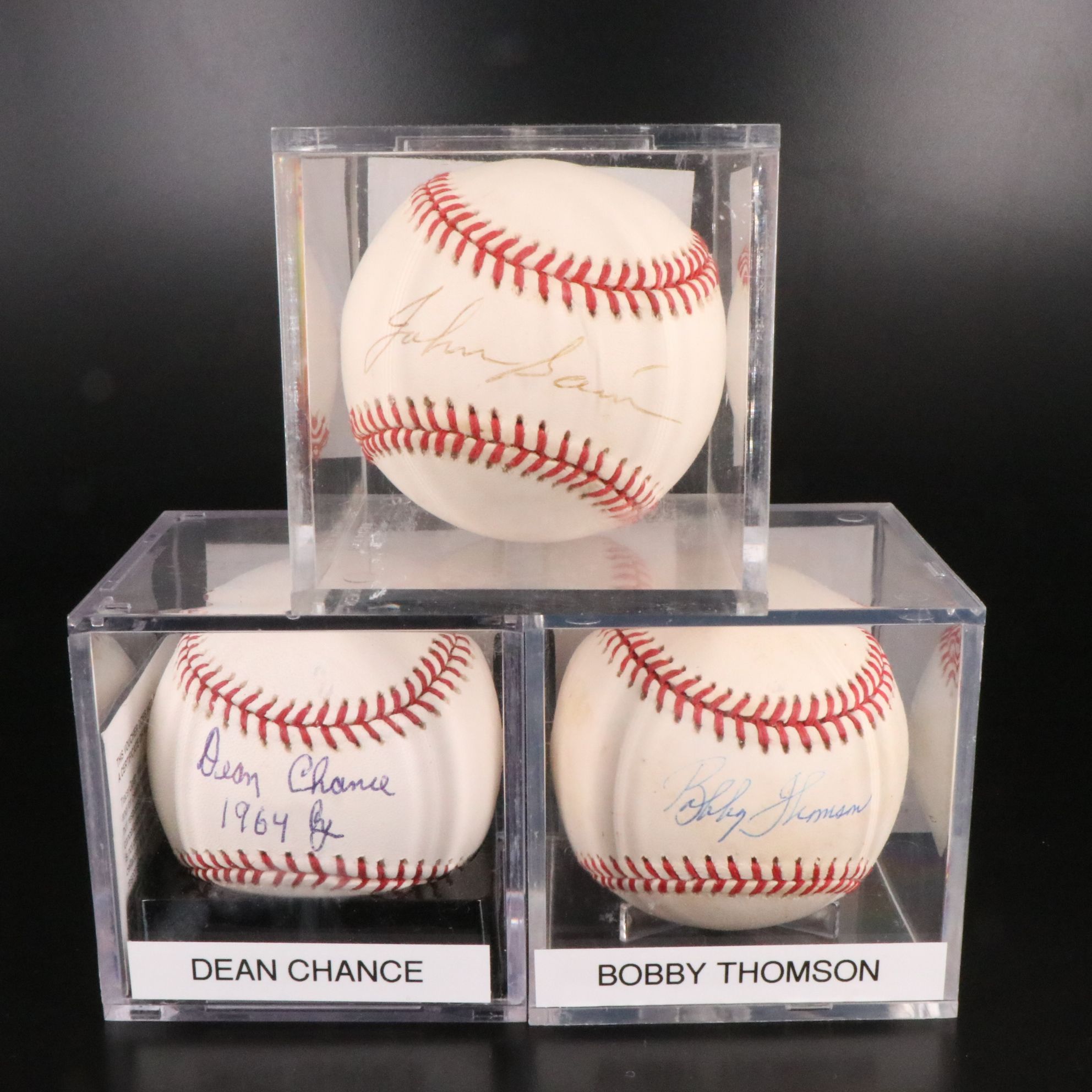 John Sain, Dean Chance, and Bobby Thomson Signed Rawlings Baseballs