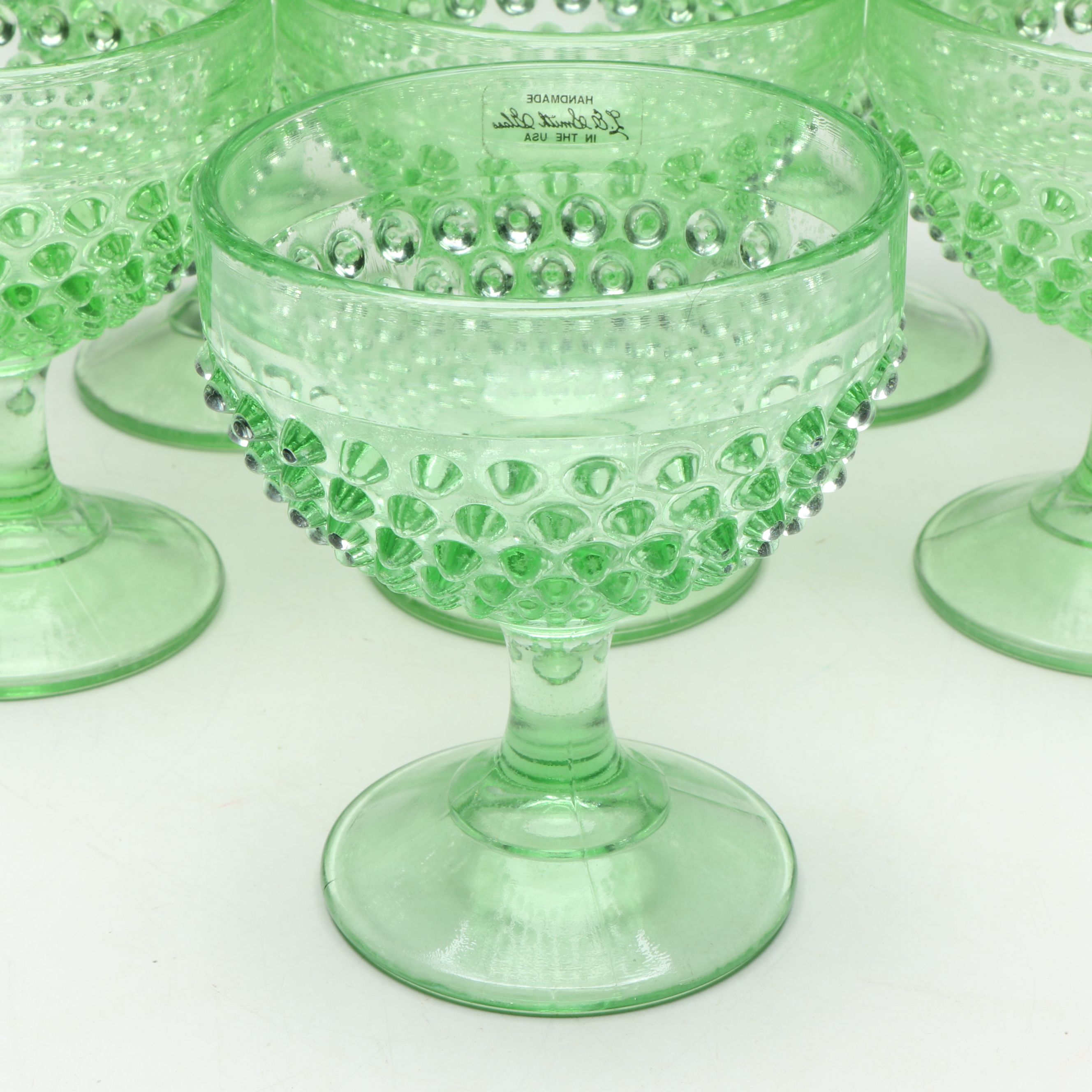 L. E. Smith Green Glass Round Tray with Low Sherbets and Champagne Coupe