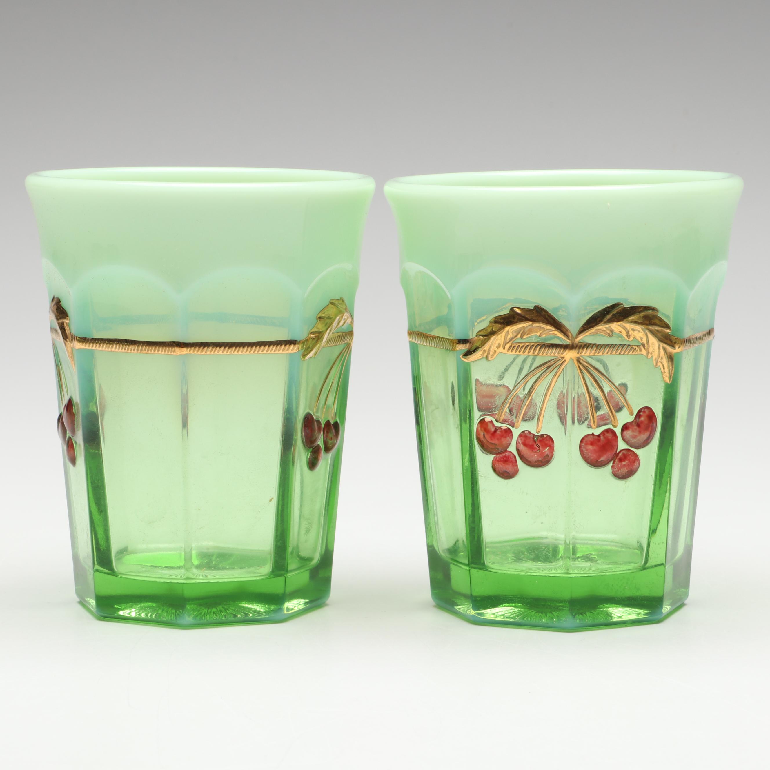Mosser "Cherry Thumbprint" Green Opalescent Glass Pitcher and Tumblers