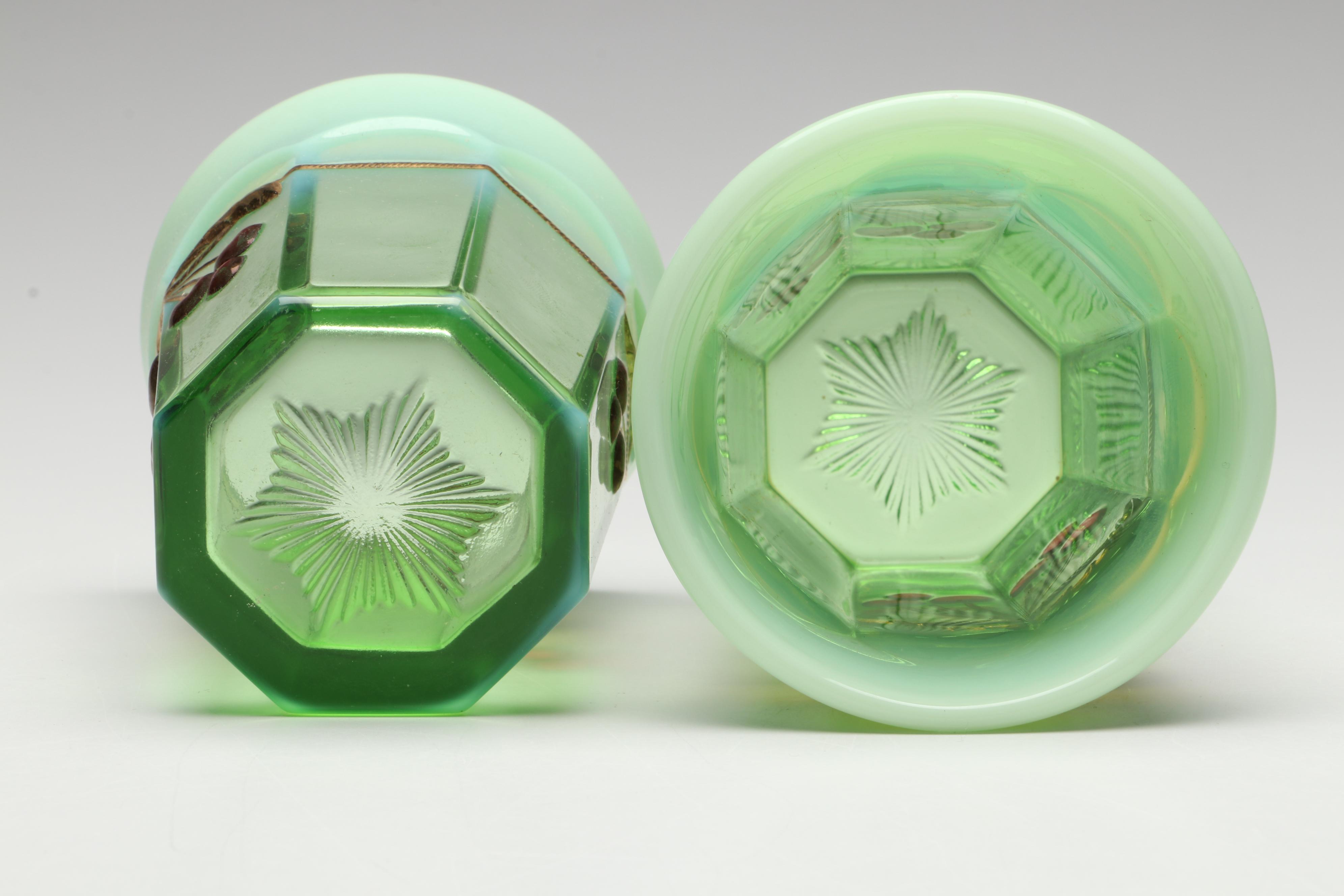 Mosser "Cherry Thumbprint" Green Opalescent Glass Pitcher and Tumblers