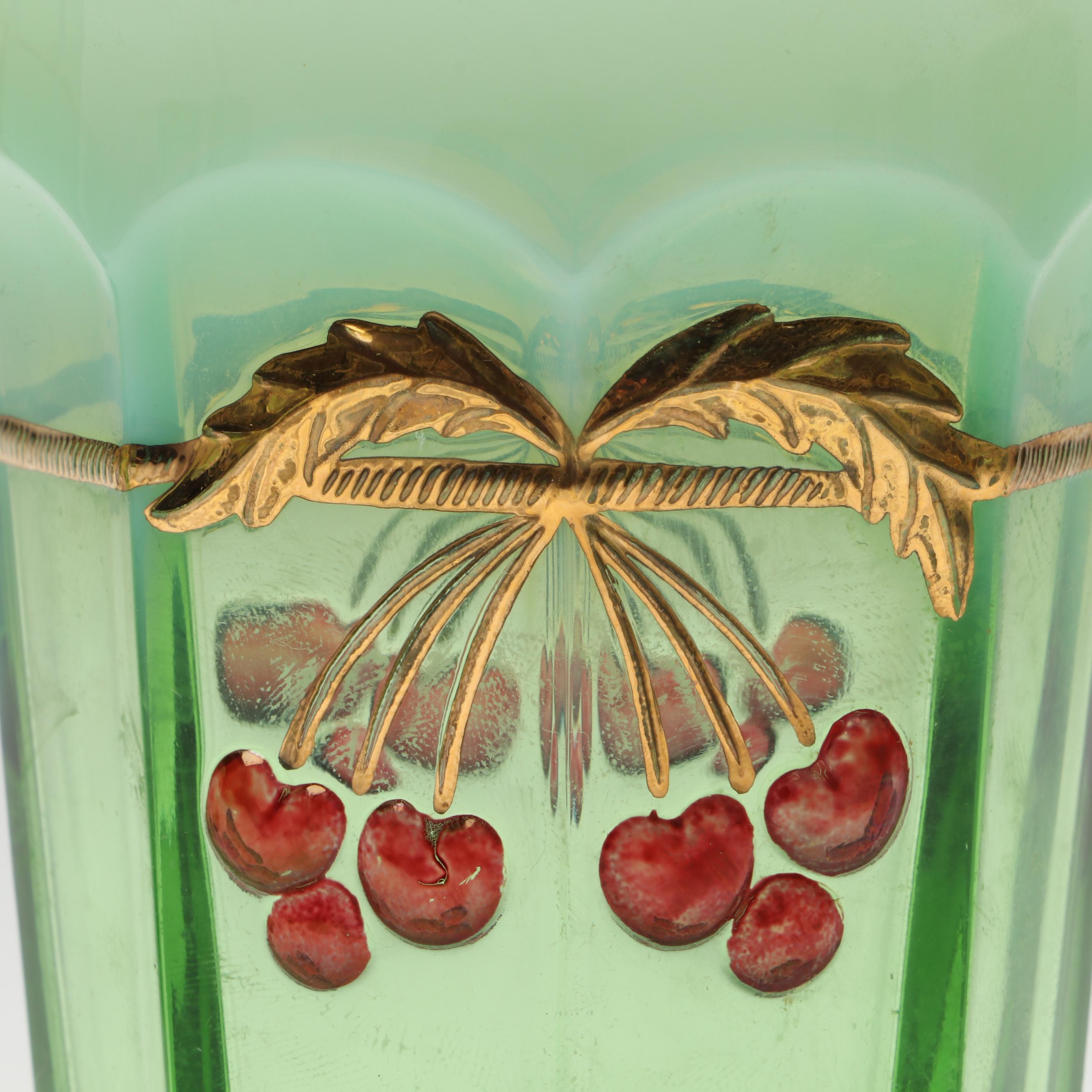 Mosser "Cherry Thumbprint" Green Opalescent Glass Pitcher and Tumblers