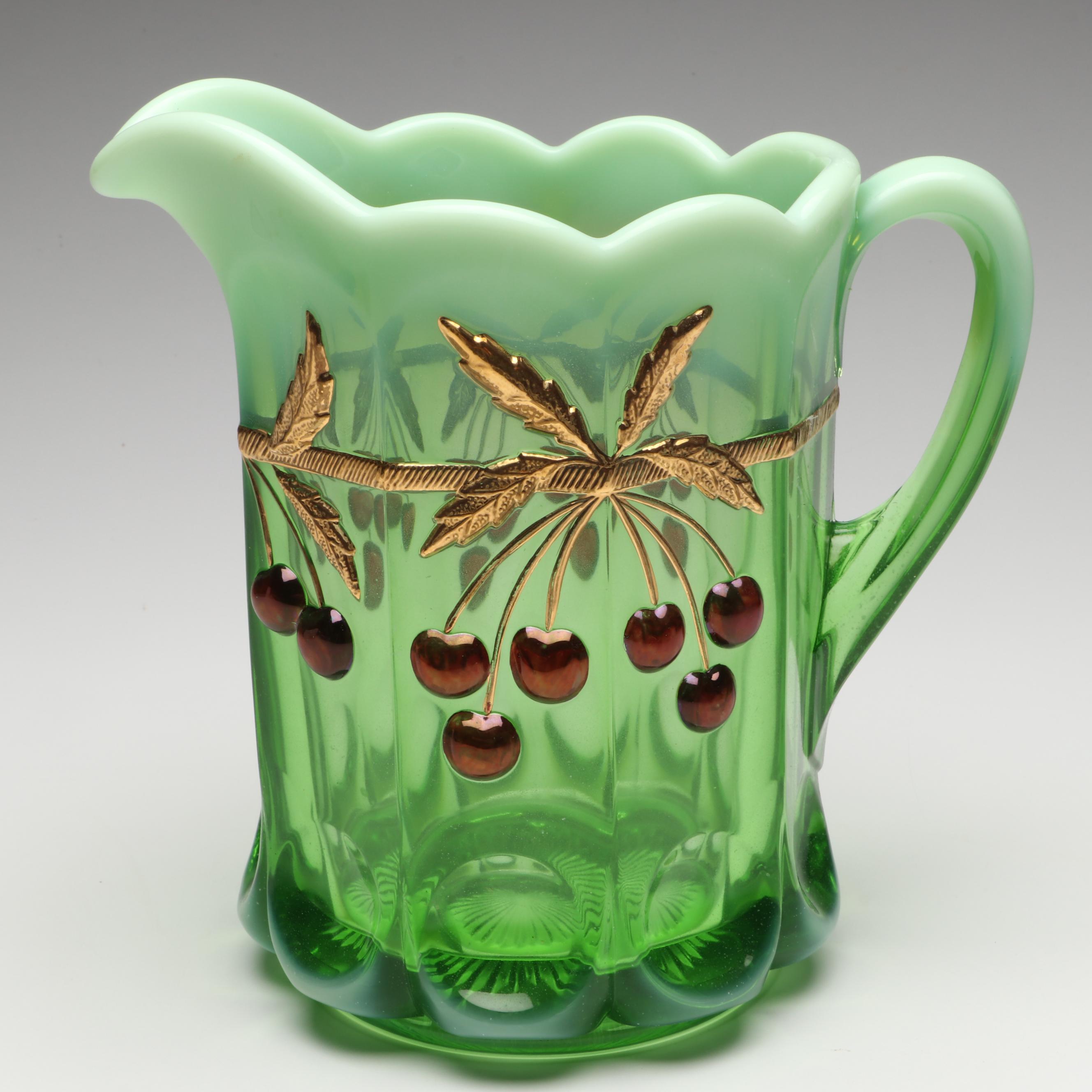 Mosser "Cherry Thumbprint" Green Opalescent Glass Pitcher and Tumblers