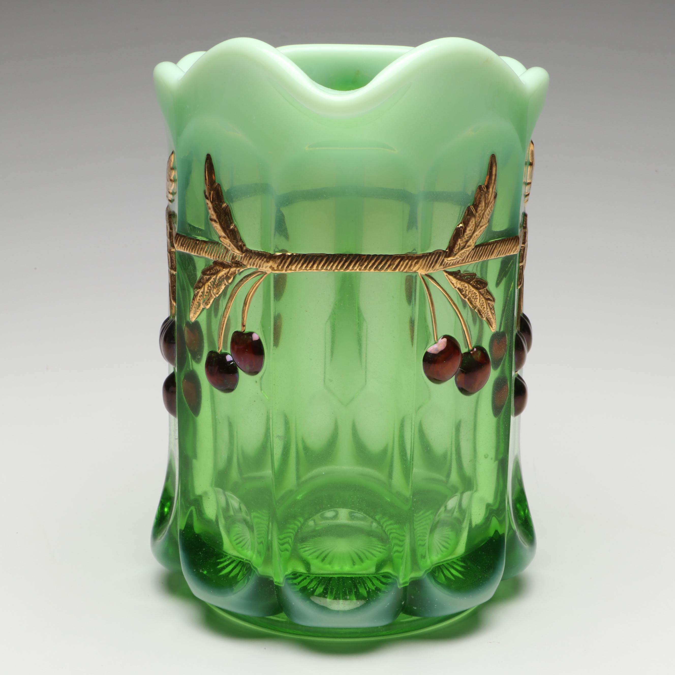 Mosser "Cherry Thumbprint" Green Opalescent Glass Pitcher and Tumblers