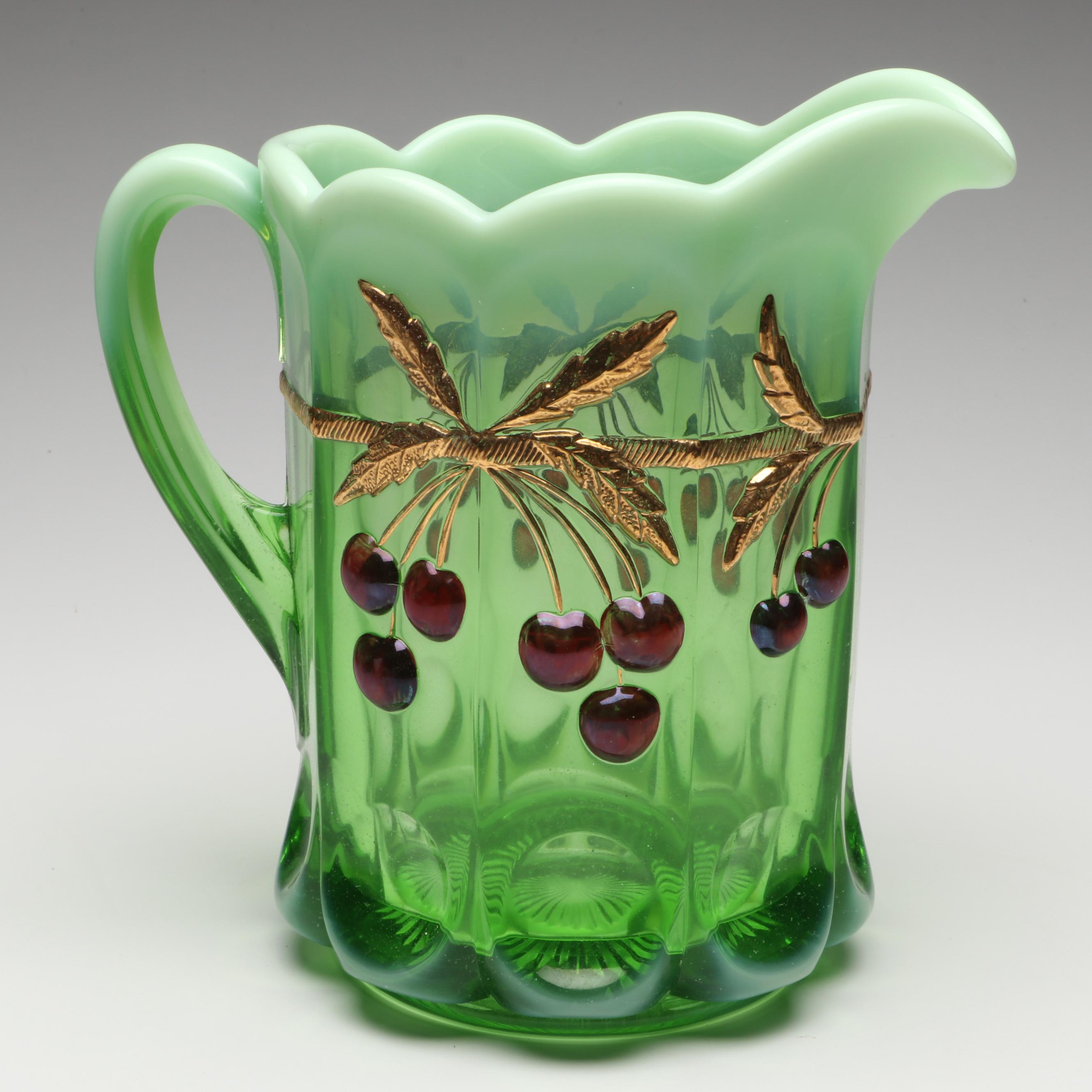 Mosser "Cherry Thumbprint" Green Opalescent Glass Pitcher and Tumblers