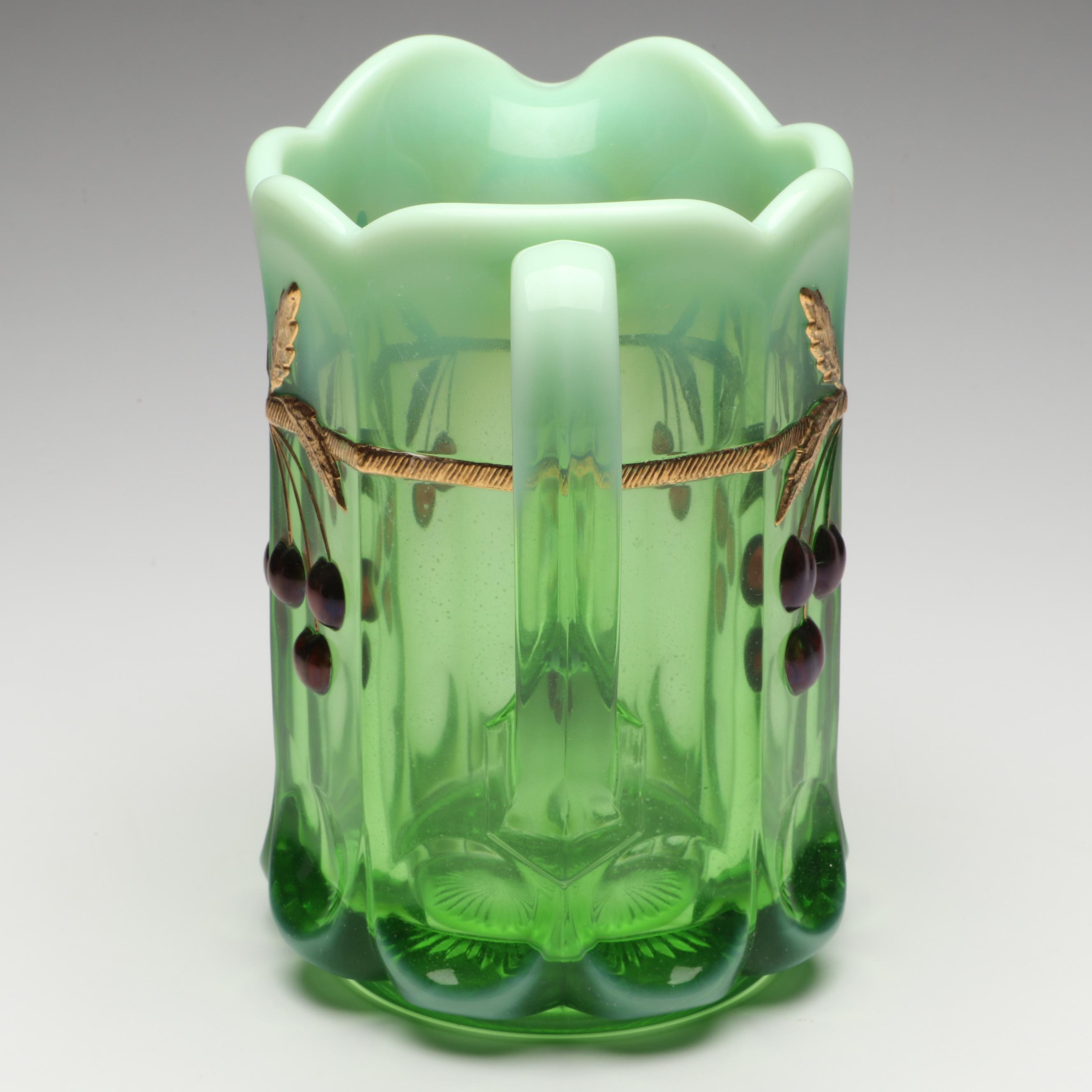 Mosser "Cherry Thumbprint" Green Opalescent Glass Pitcher and Tumblers