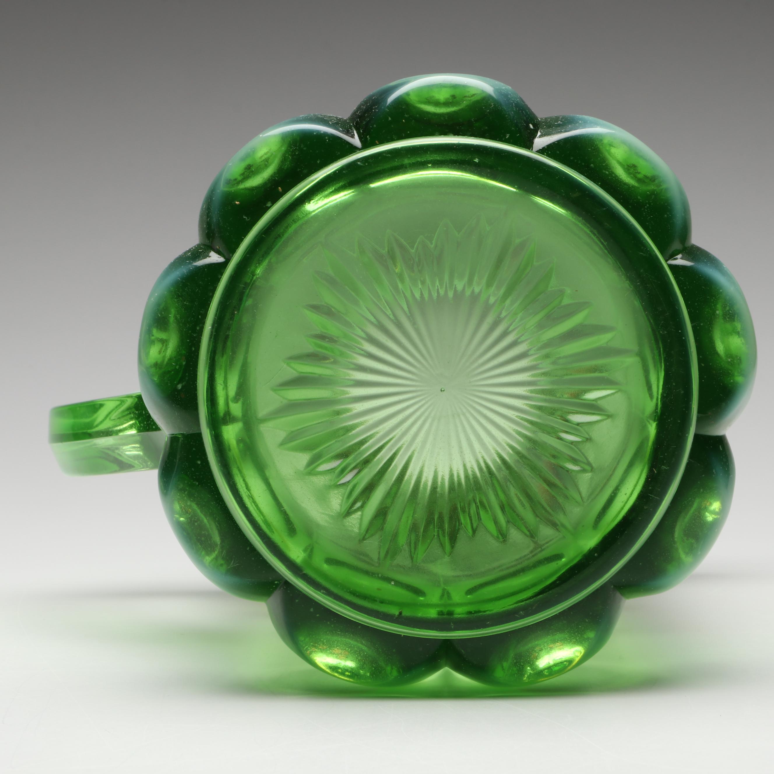 Mosser "Cherry Thumbprint" Green Opalescent Glass Pitcher and Tumblers