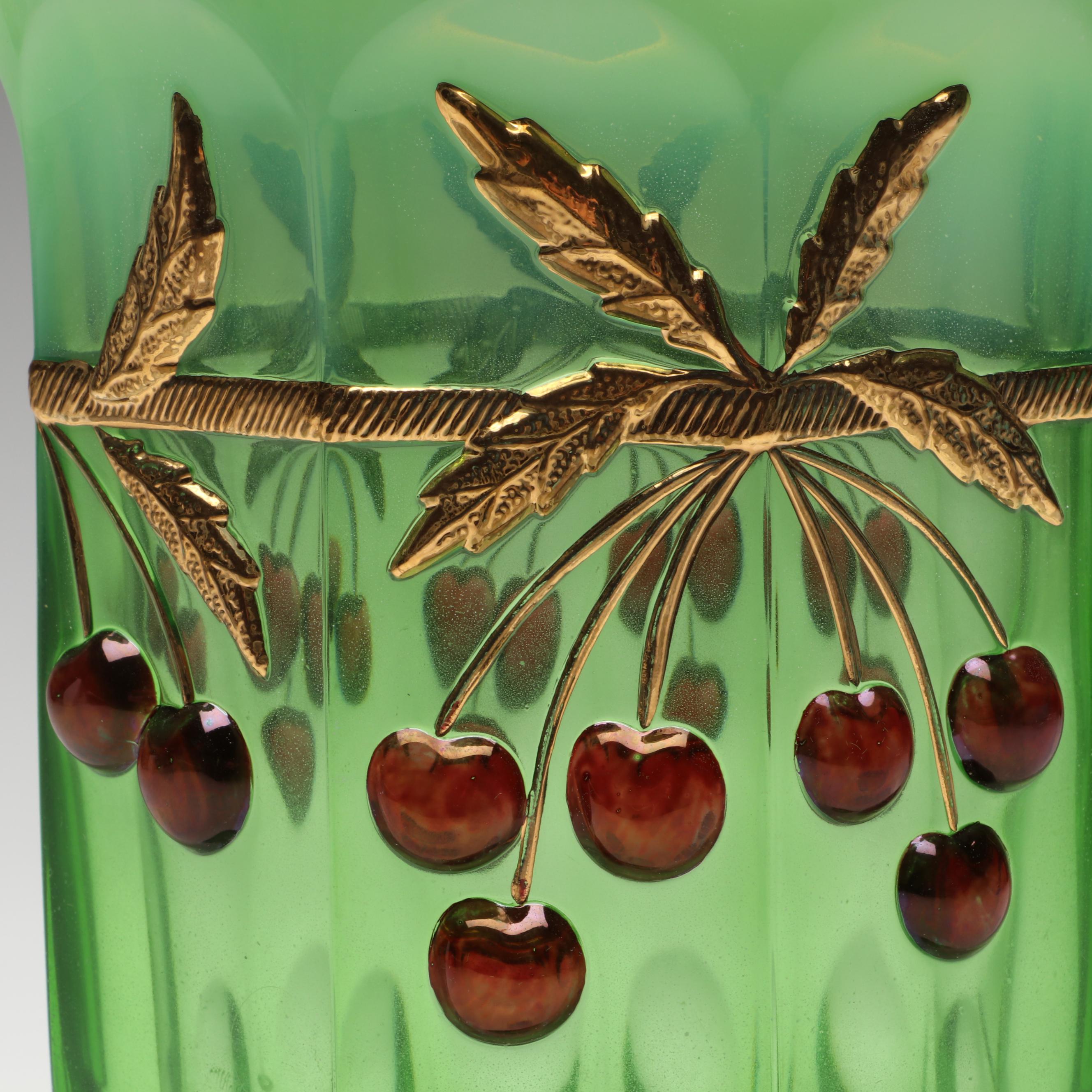 Mosser "Cherry Thumbprint" Green Opalescent Glass Pitcher and Tumblers