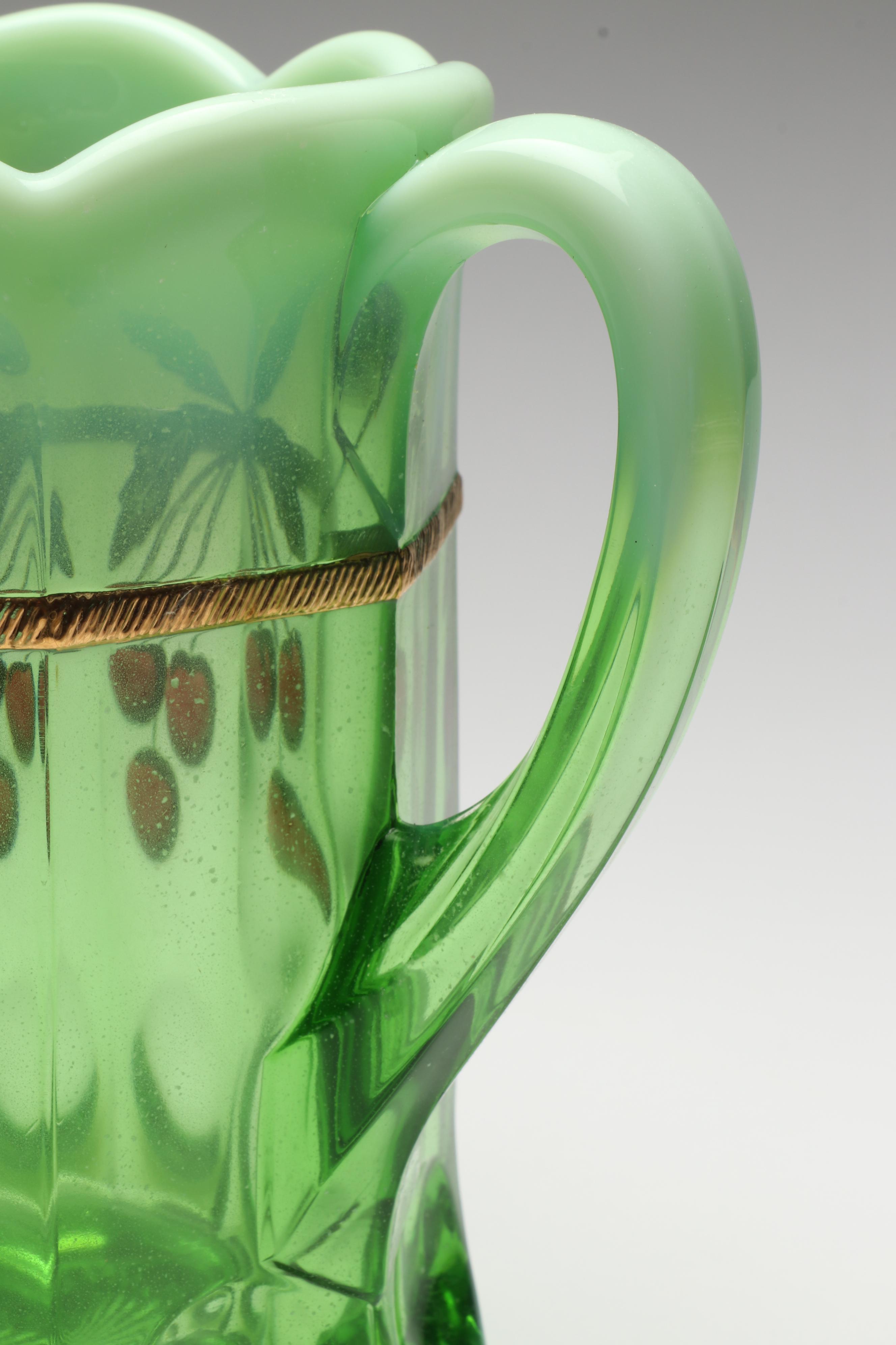 Mosser "Cherry Thumbprint" Green Opalescent Glass Pitcher and Tumblers