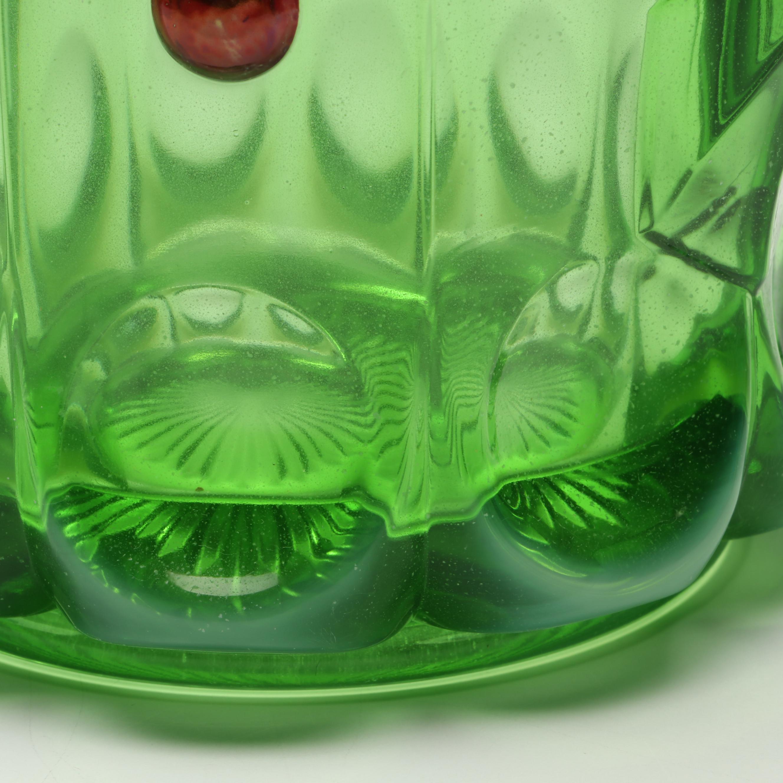 Mosser "Cherry Thumbprint" Green Opalescent Glass Pitcher and Tumblers