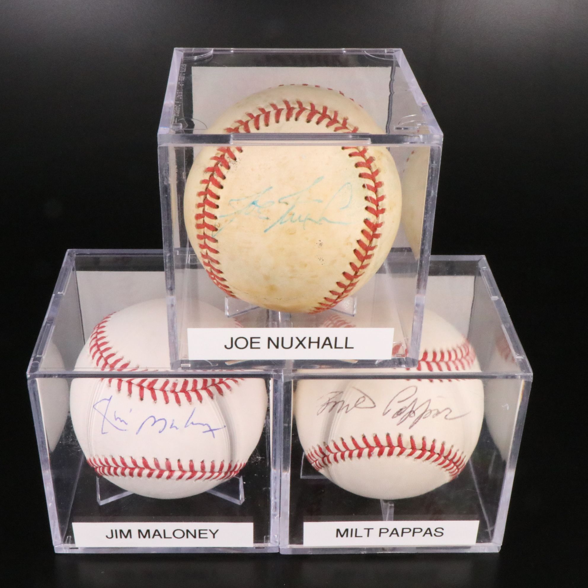 Milt Pappas, Joe Nuxhall, and Jim Maloney Signed Rawlings Official Baseballs