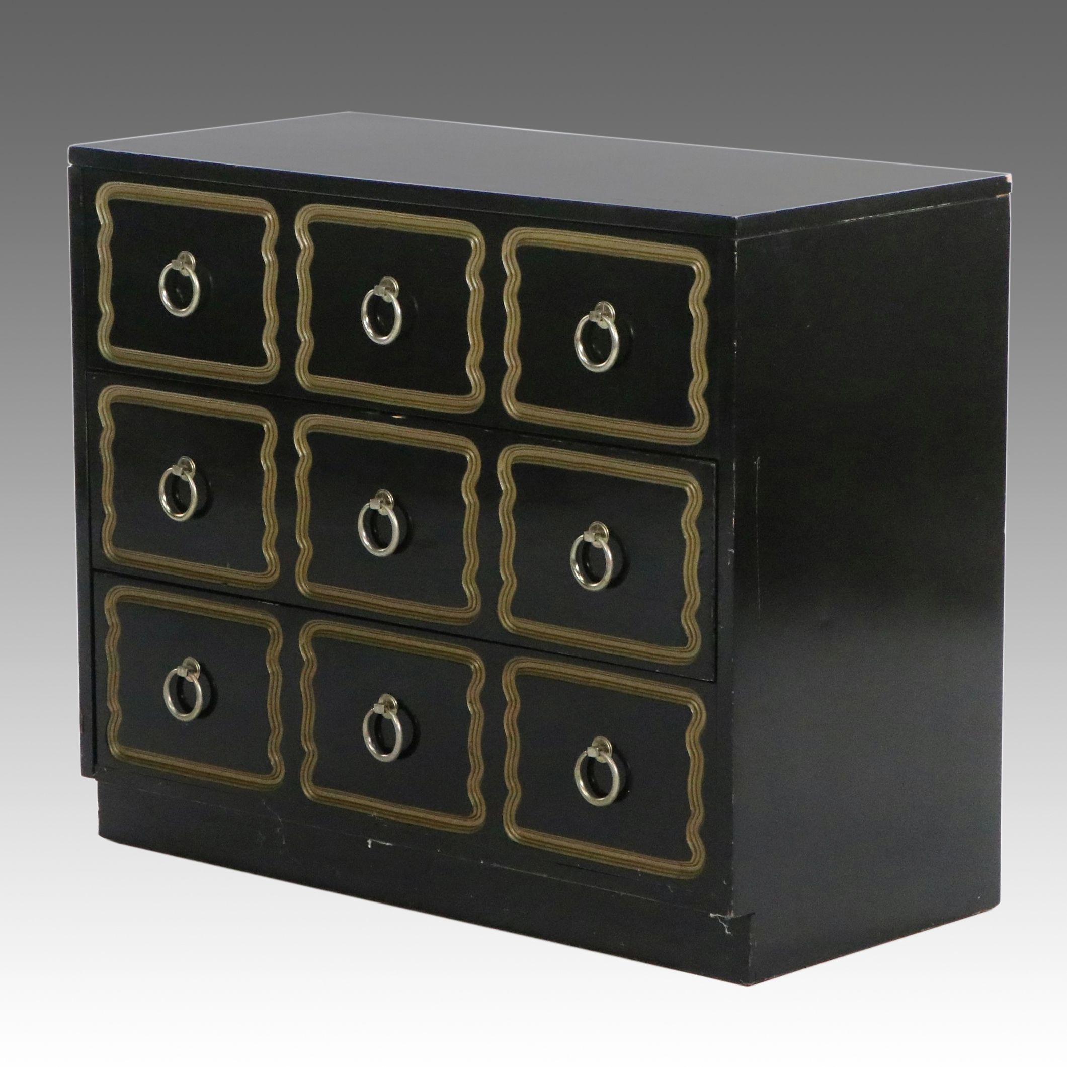 Mediterranean Style Black Lacquered and Parcel Guilt Three-Drawer Chest