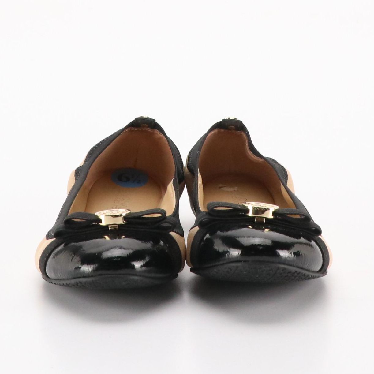 Michael Kors Cork Cap-Toe and Logo Bow Flats in Black and Beige Leather