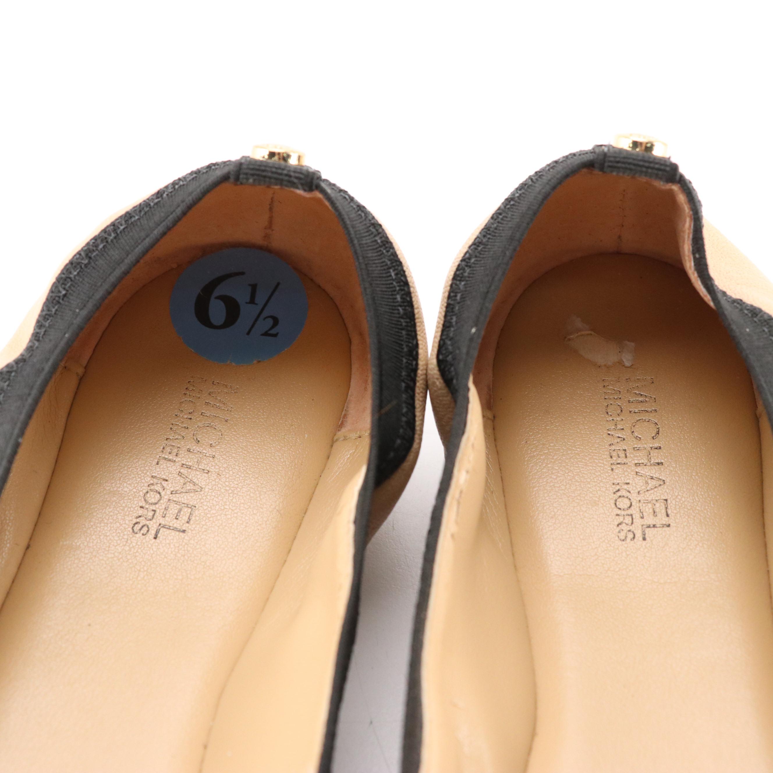 Michael Kors Cork Cap-Toe and Logo Bow Flats in Black and Beige Leather