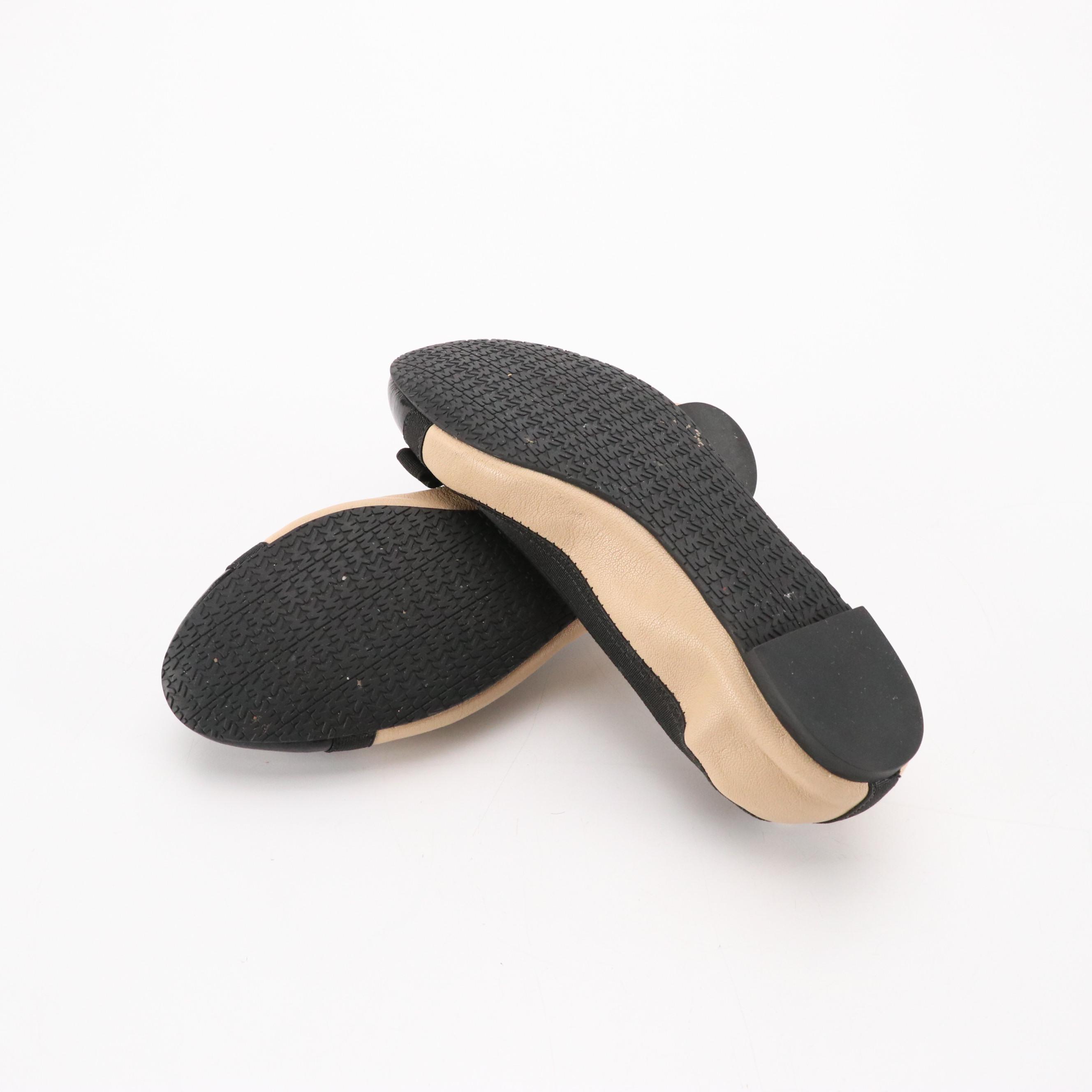 Michael Kors Cork Cap-Toe and Logo Bow Flats in Black and Beige Leather