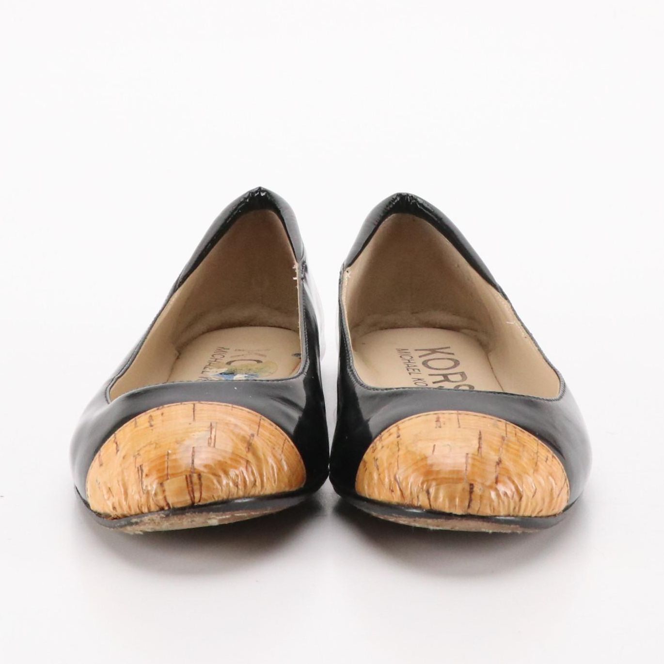 Michael Kors Cork Cap-Toe and Logo Bow Flats in Black and Beige Leather