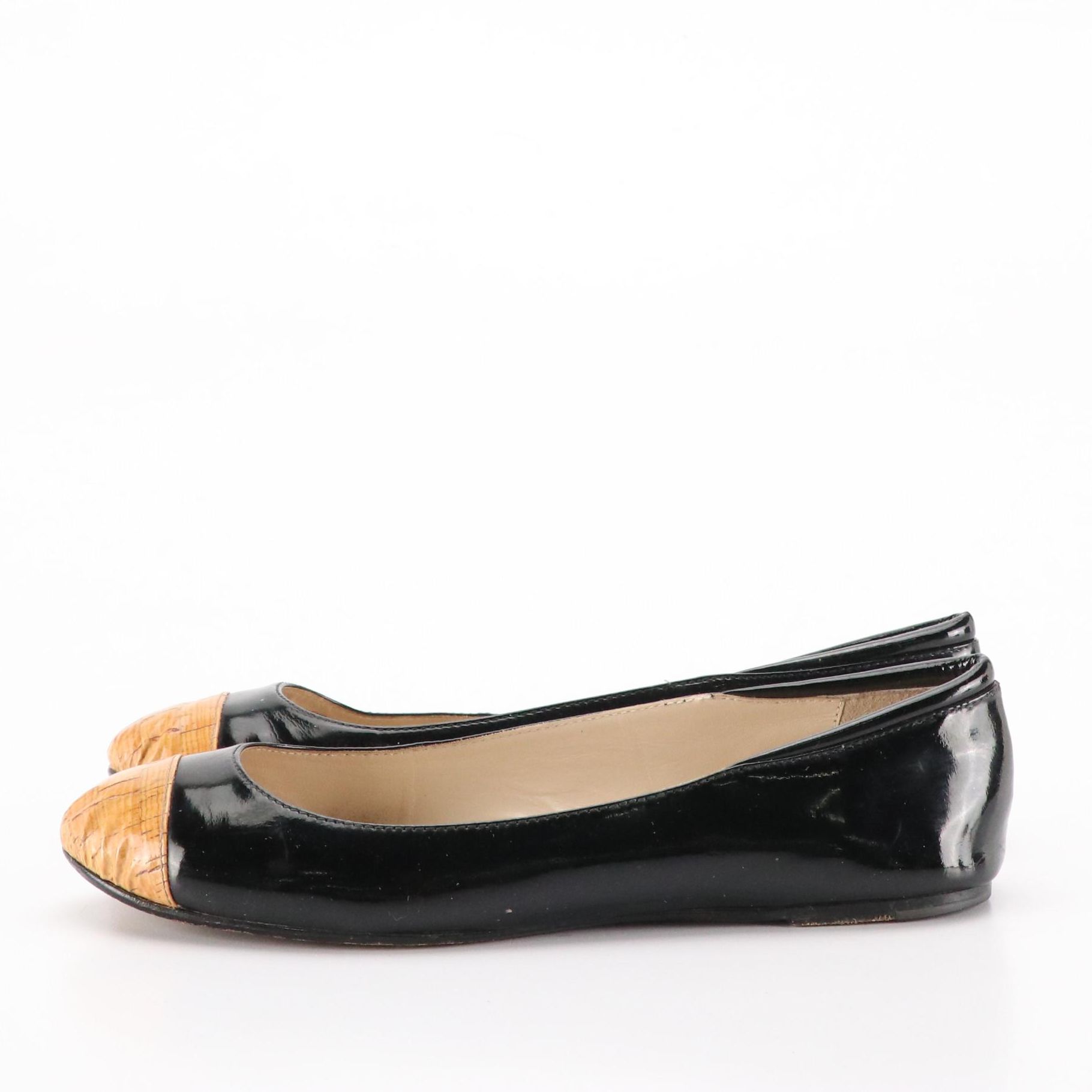 Michael Kors Cork Cap-Toe and Logo Bow Flats in Black and Beige Leather