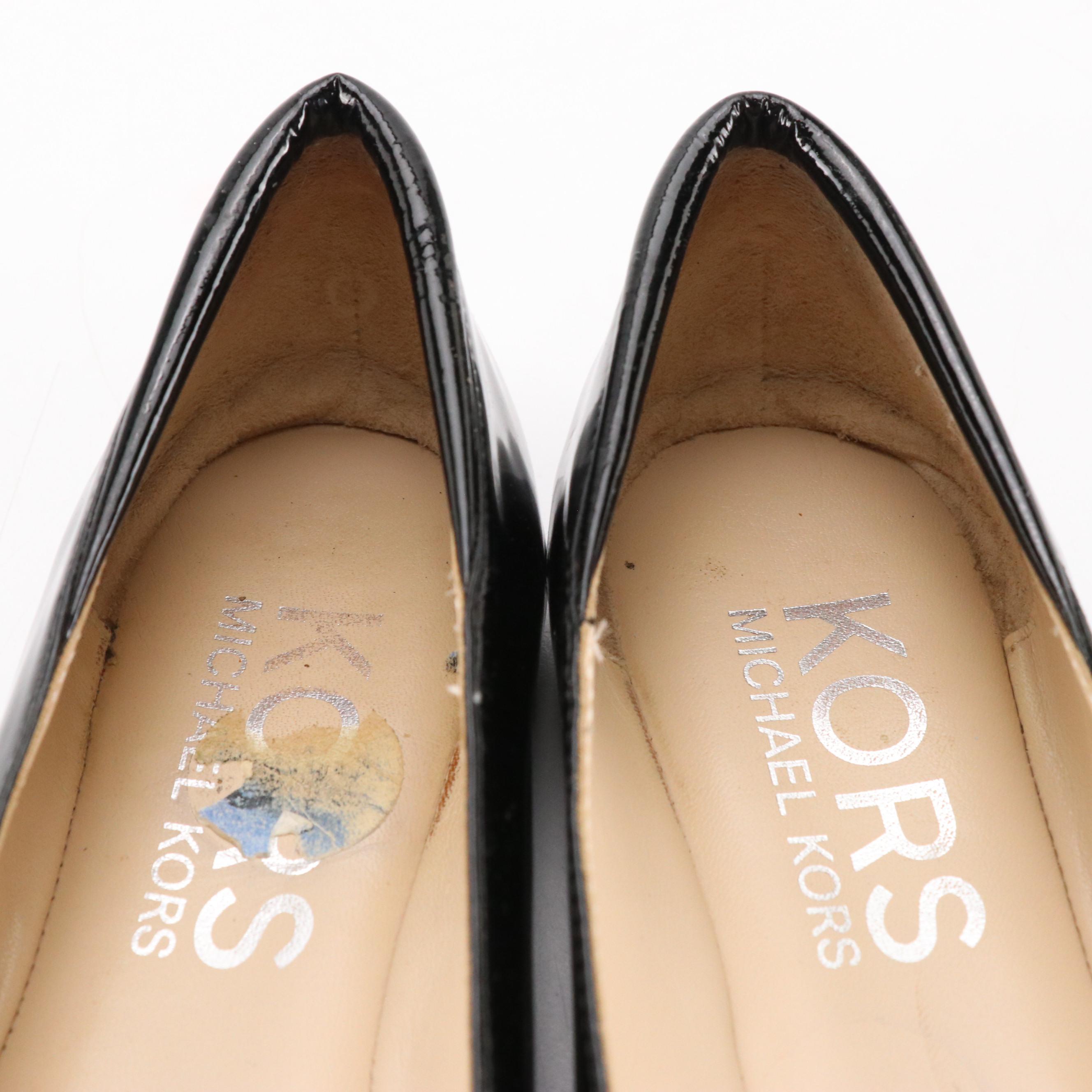 Michael Kors Cork Cap-Toe and Logo Bow Flats in Black and Beige Leather
