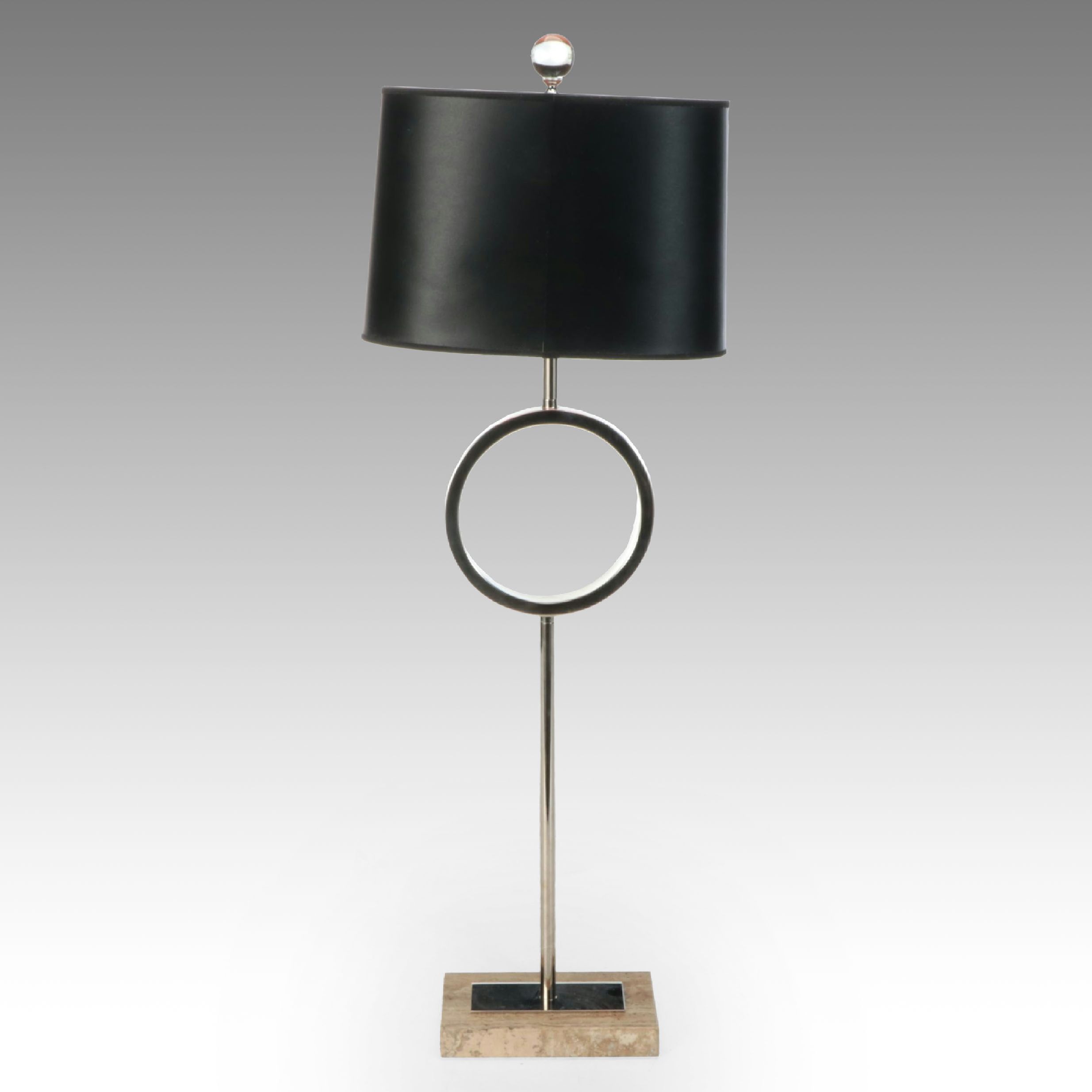 Robert Abbey "Logan" Lacquered Metal and Travertine Console Lamp, Oval Shade