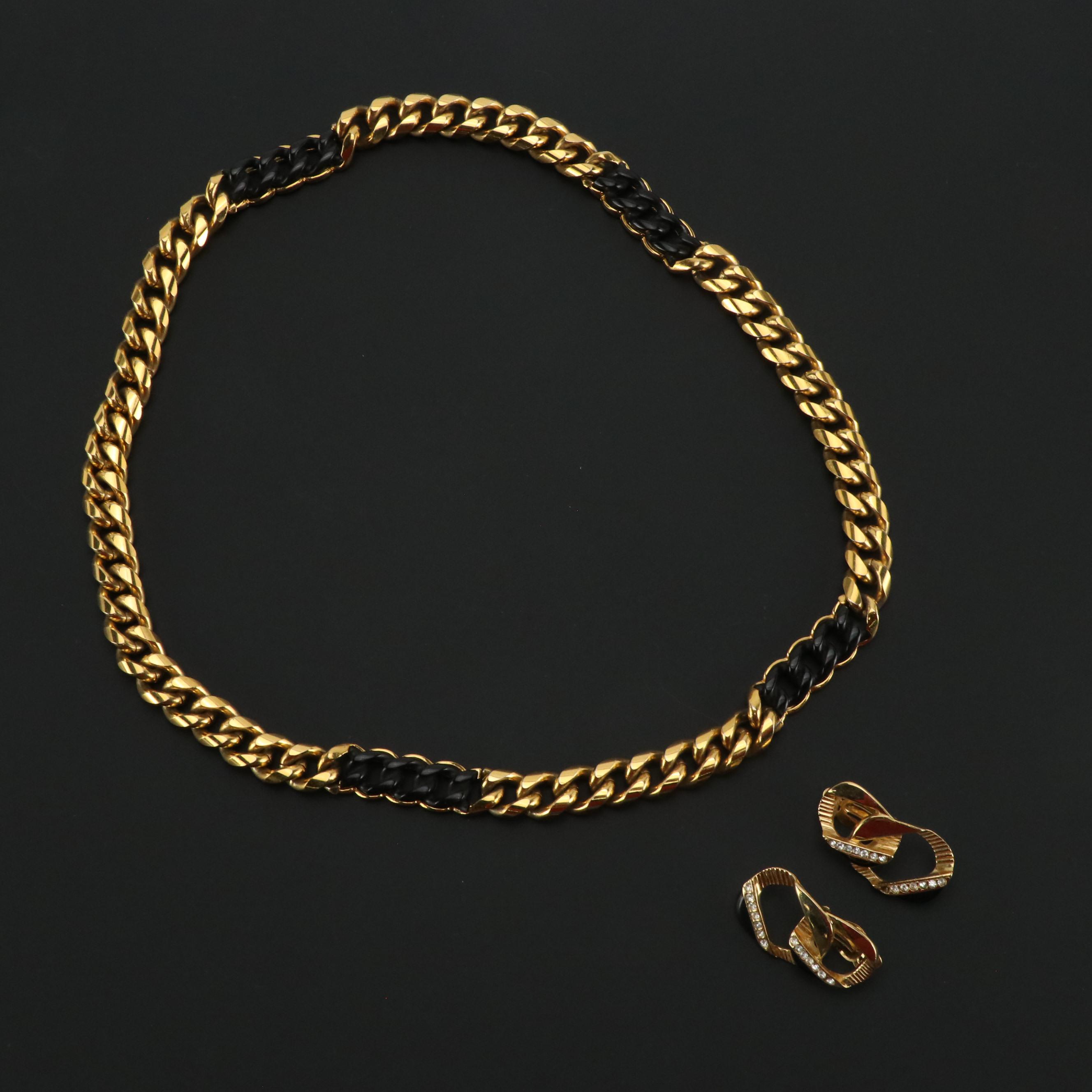 Givenchy Gold Tone Chain Necklace and Clip Earrings with G Logo Cotton Scarf