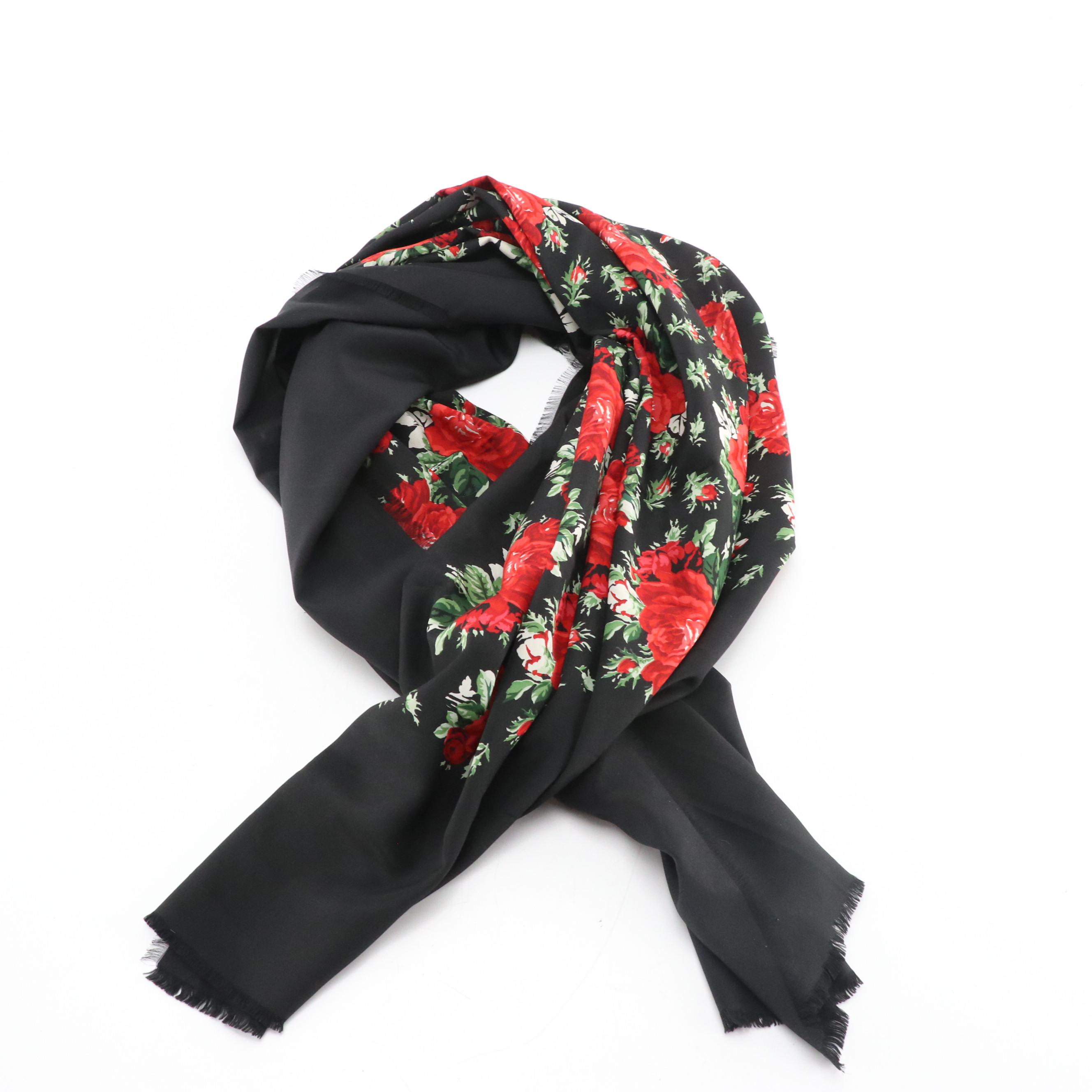 Yves Saint Laurent Ceramic Bead Graduated Choker and Rose Print Silk Scarf Shawl