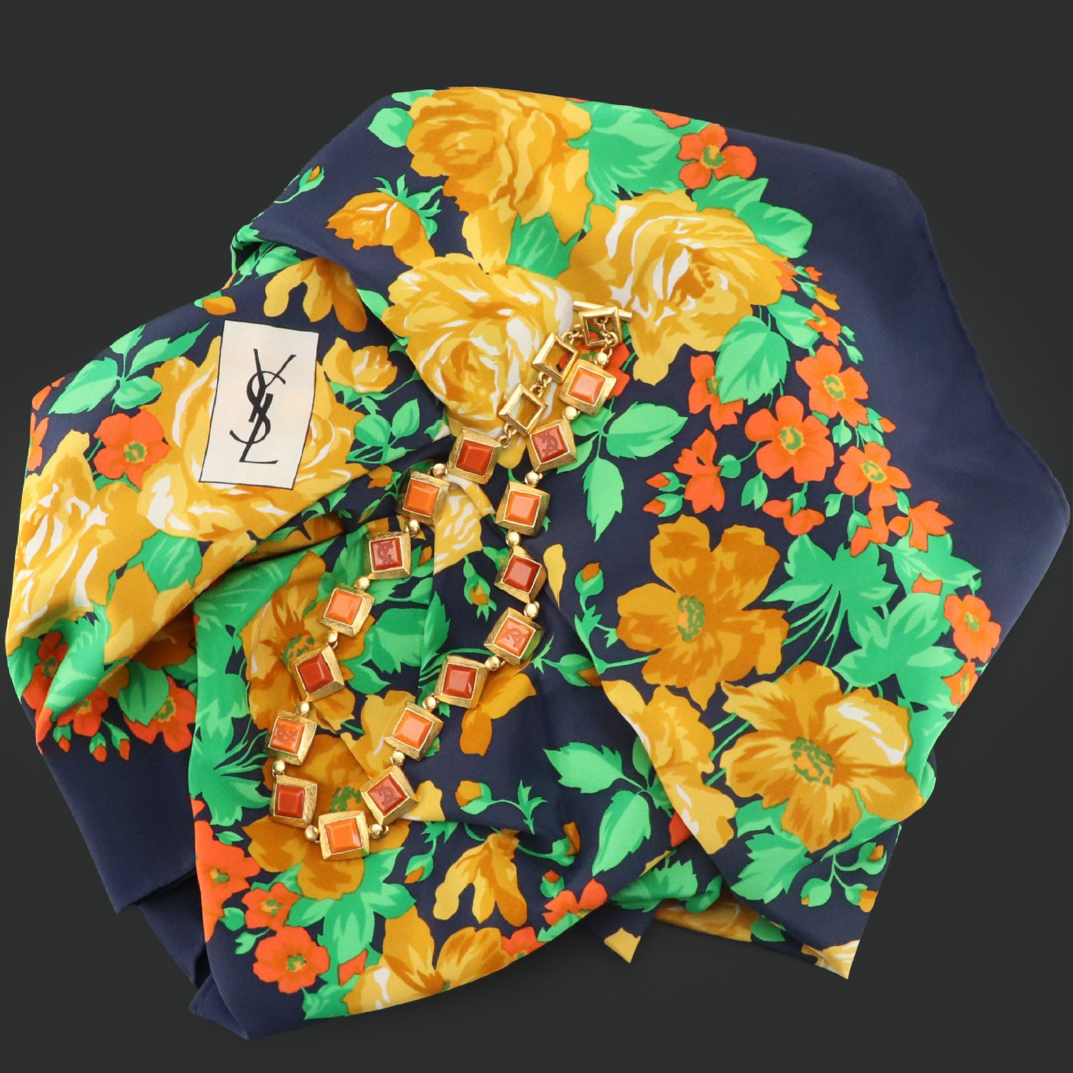 Yves Saint Laurent Vintage Square Enamel Necklace and Floral Silk Scarf