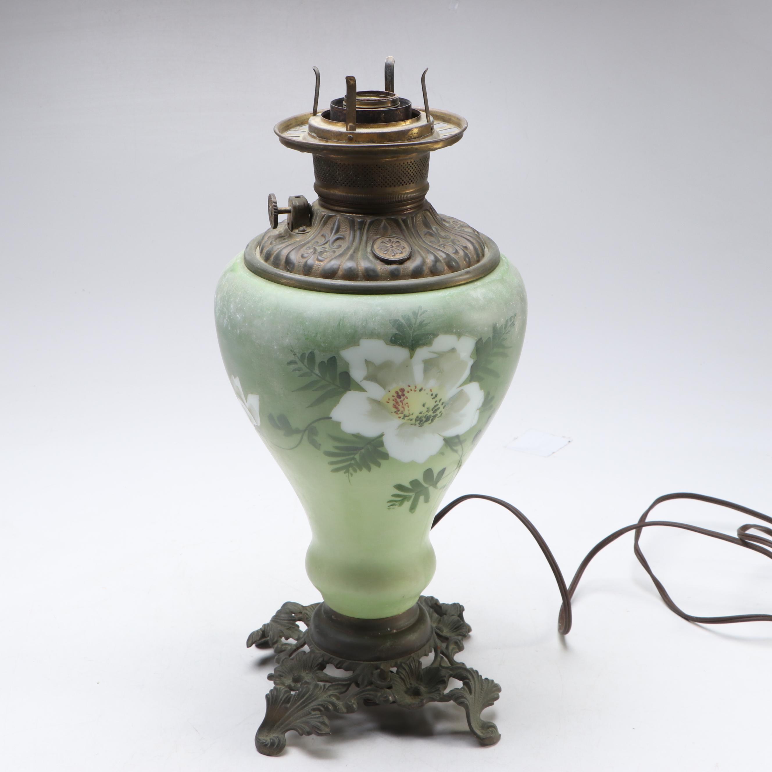 Hand-Painted Converted Parlor Lamp, Early to Mid-20th Century