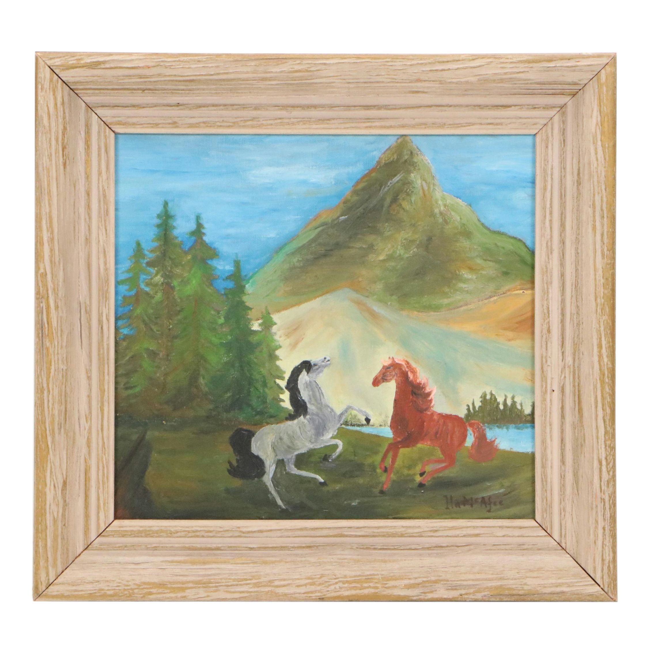 After Ila McAfee Oil Painting of Horses in Mountainous Landscape