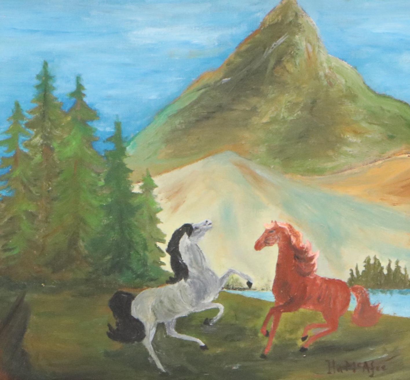 After Ila McAfee Oil Painting of Horses in Mountainous Landscape