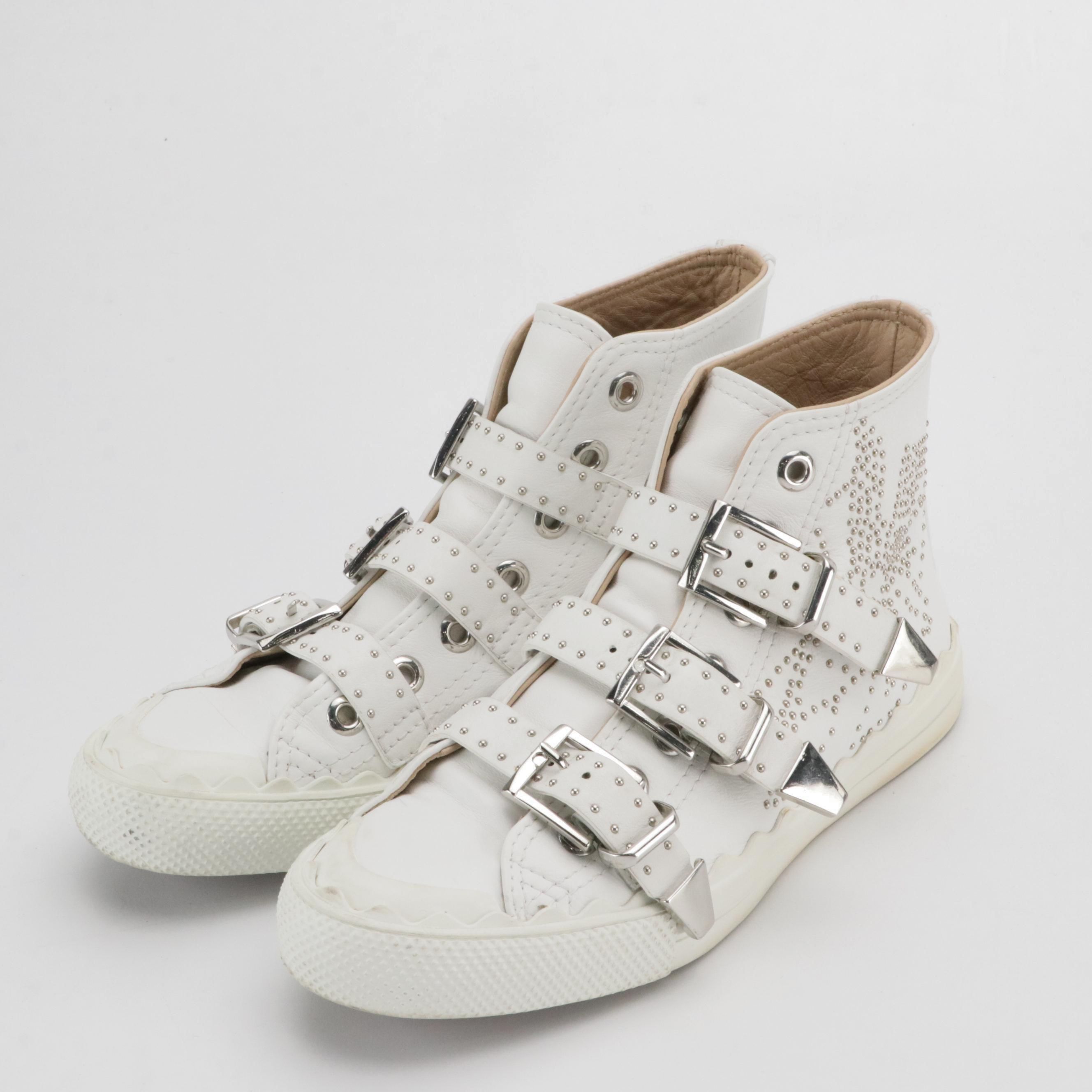 Chloé "Kyle" Studded Buckle Strap High Top Sneakers in White Leather