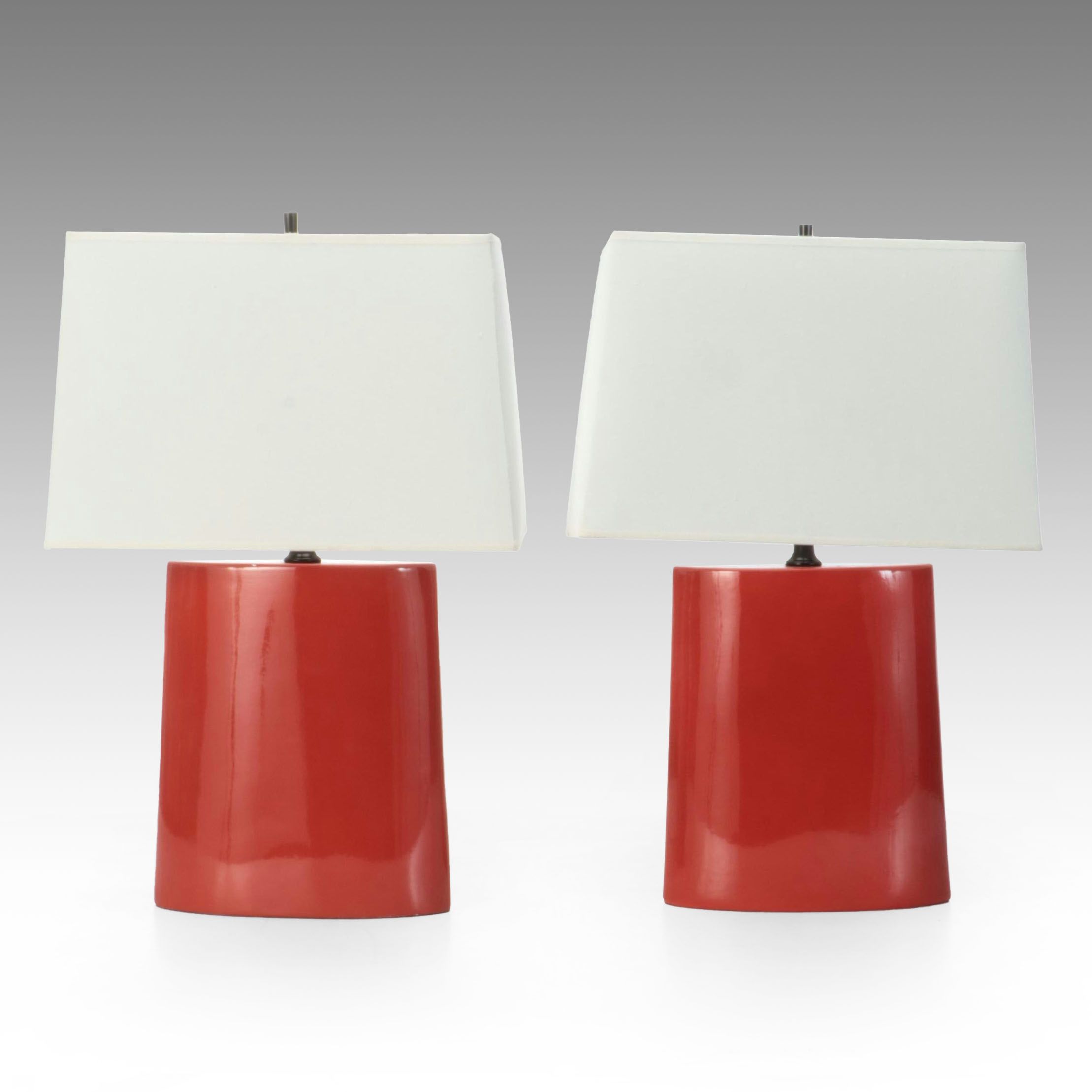 Minimalist Modern Red Ceramic Lamps with Square Drum Shades