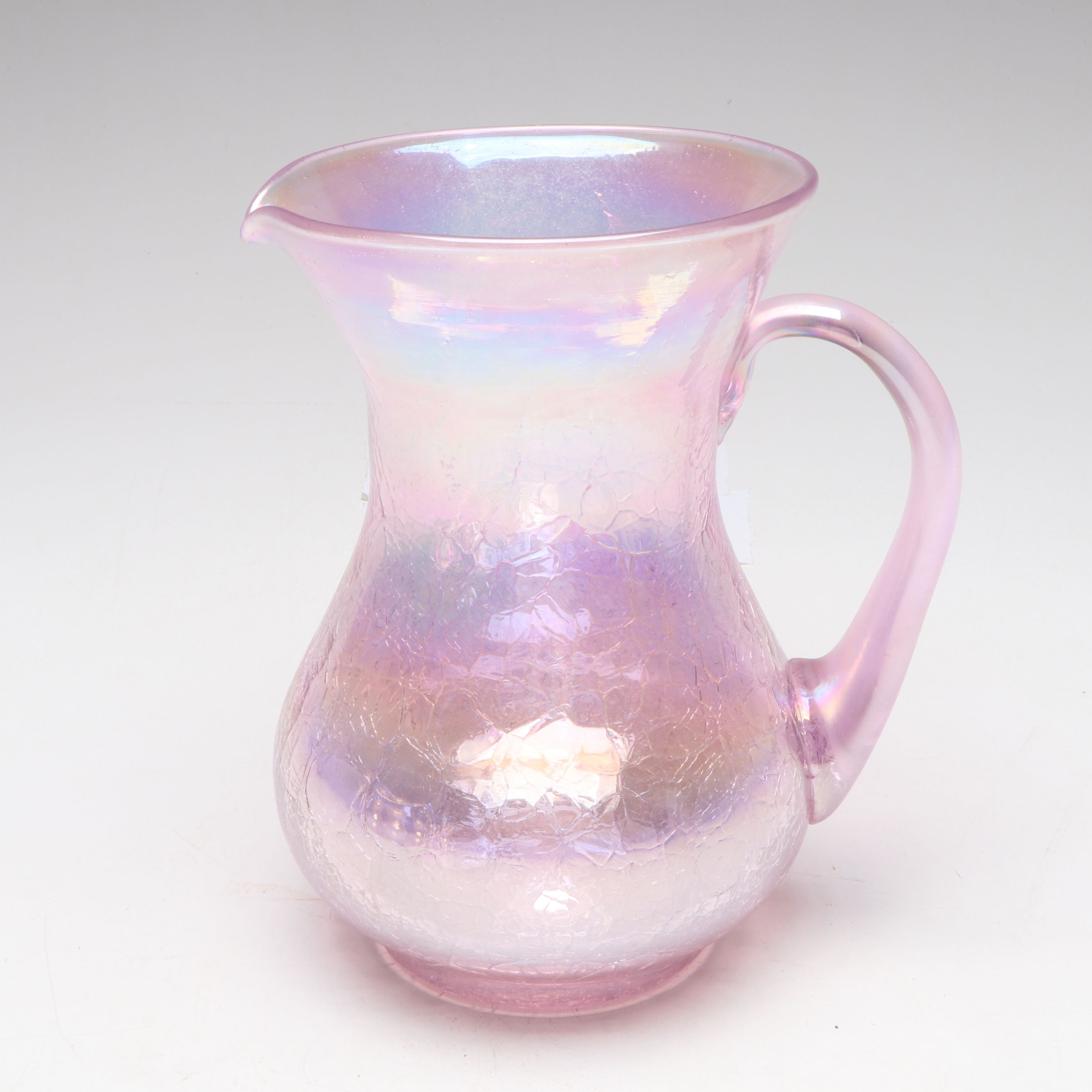 Gibson Glass Pink Iridescent Crackle Pitcher and Cups, 2001