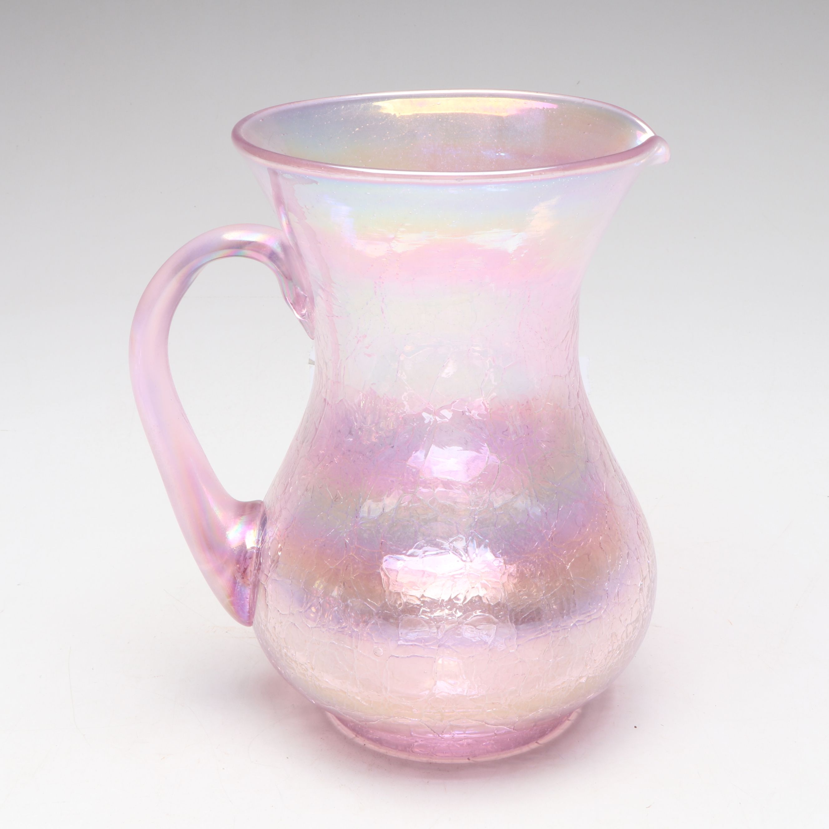 Gibson Glass Pink Iridescent Crackle Pitcher and Cups, 2001