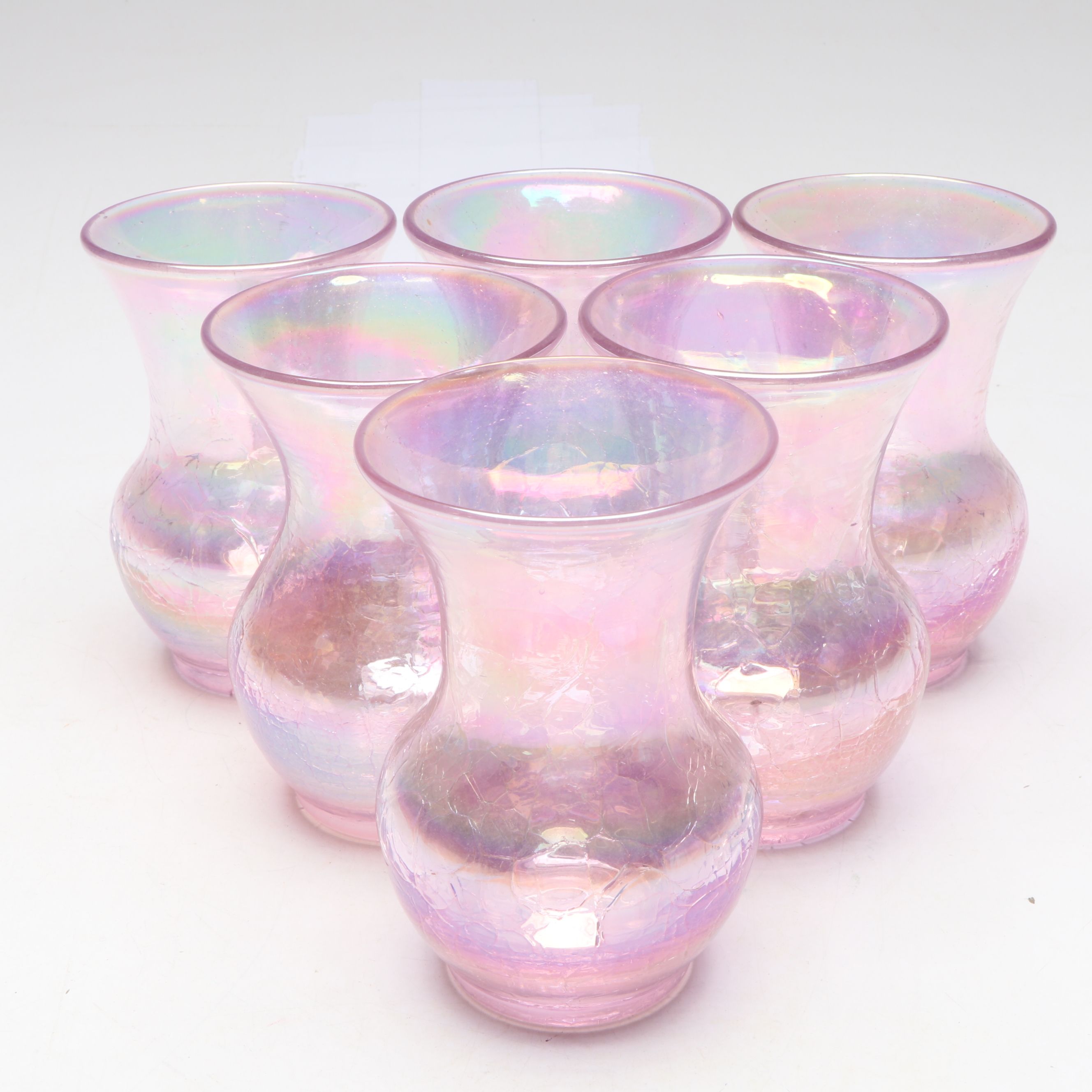 Gibson Glass Pink Iridescent Crackle Pitcher and Cups, 2001