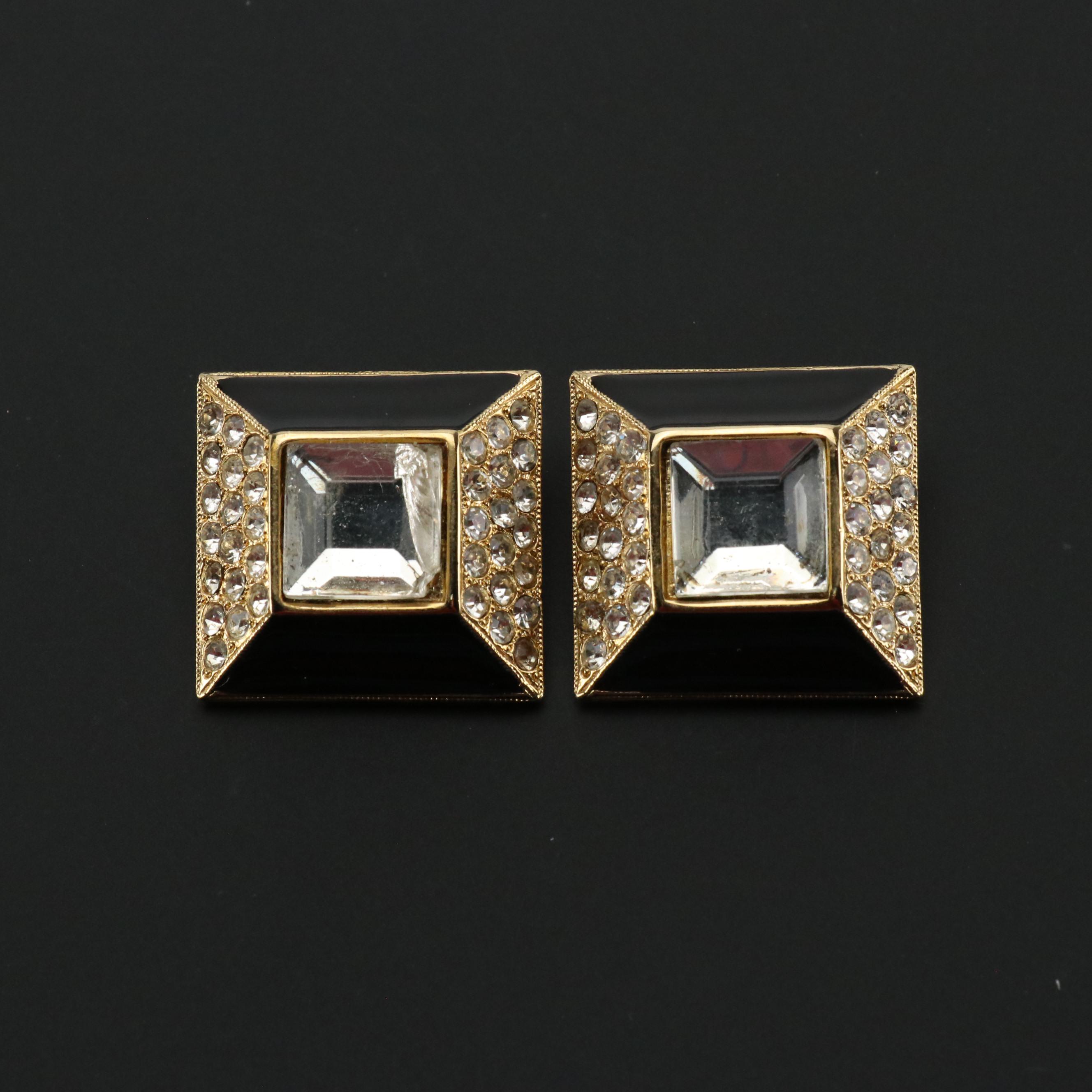 Craft Rhinestone and Enamel Square Clip Earrings and Pierre Cardin Silk Scarf