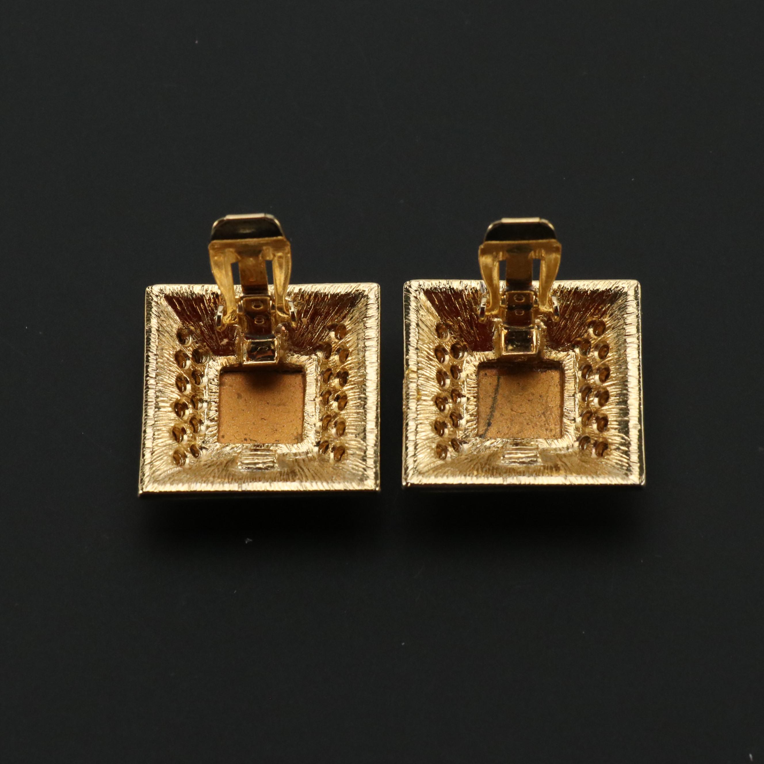 Craft Rhinestone and Enamel Square Clip Earrings and Pierre Cardin Silk Scarf