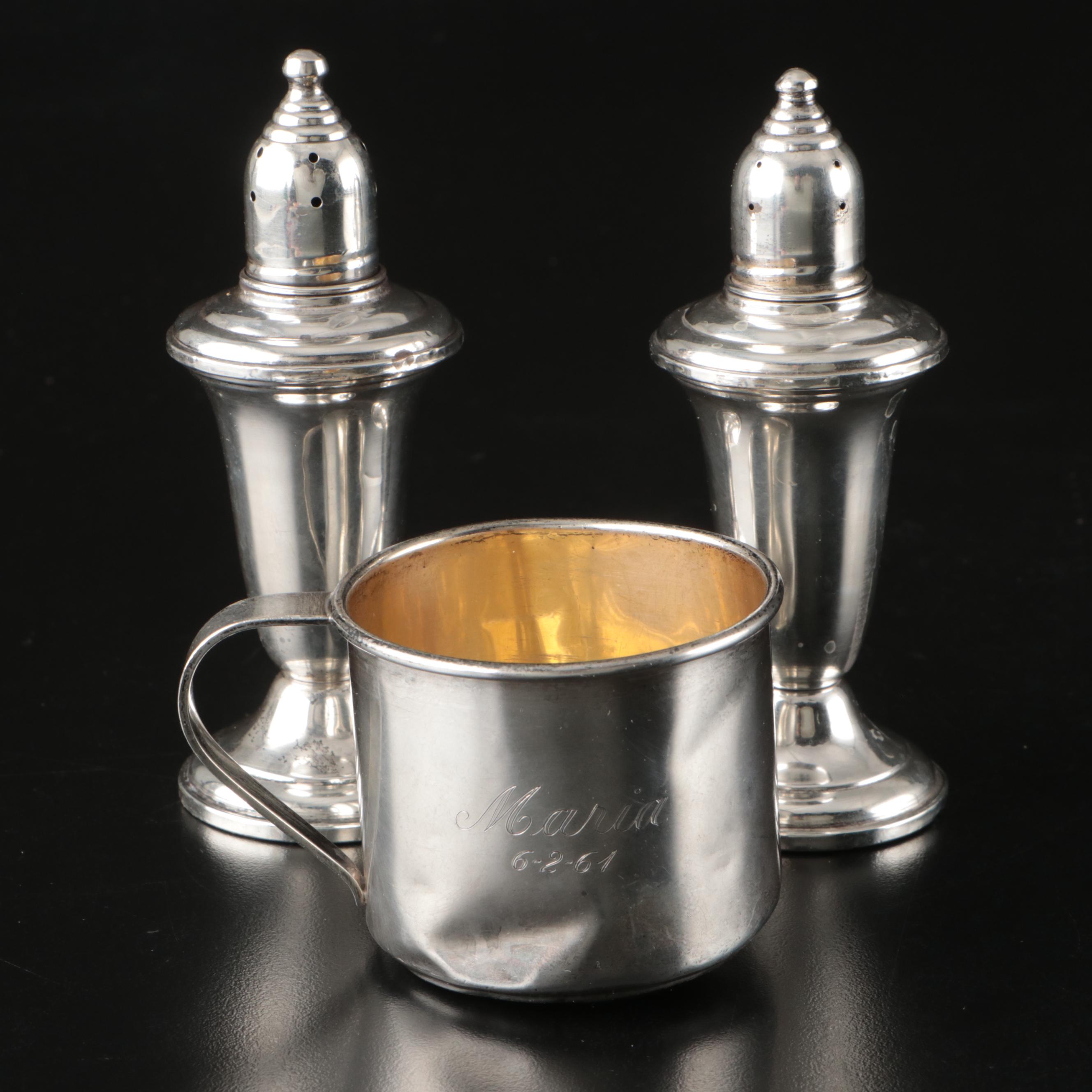 Empire Sterling Silver Shakers with Sterling Silver Cup, Mid-20th C.