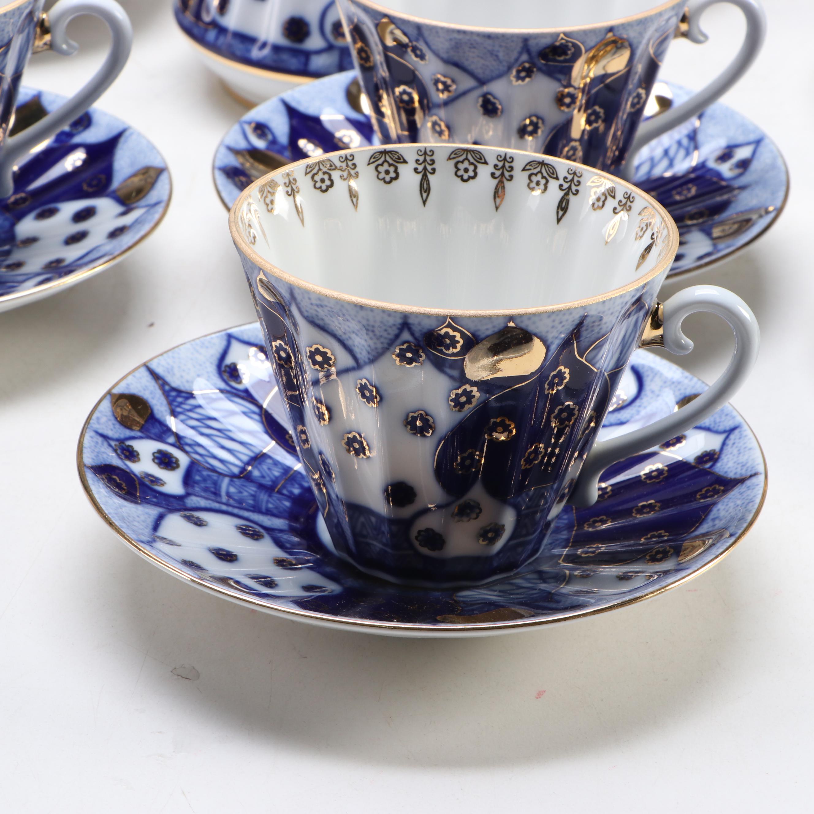 Lomonosov "Russian Domes" Gilded Blue and White Porcelain Tea Set