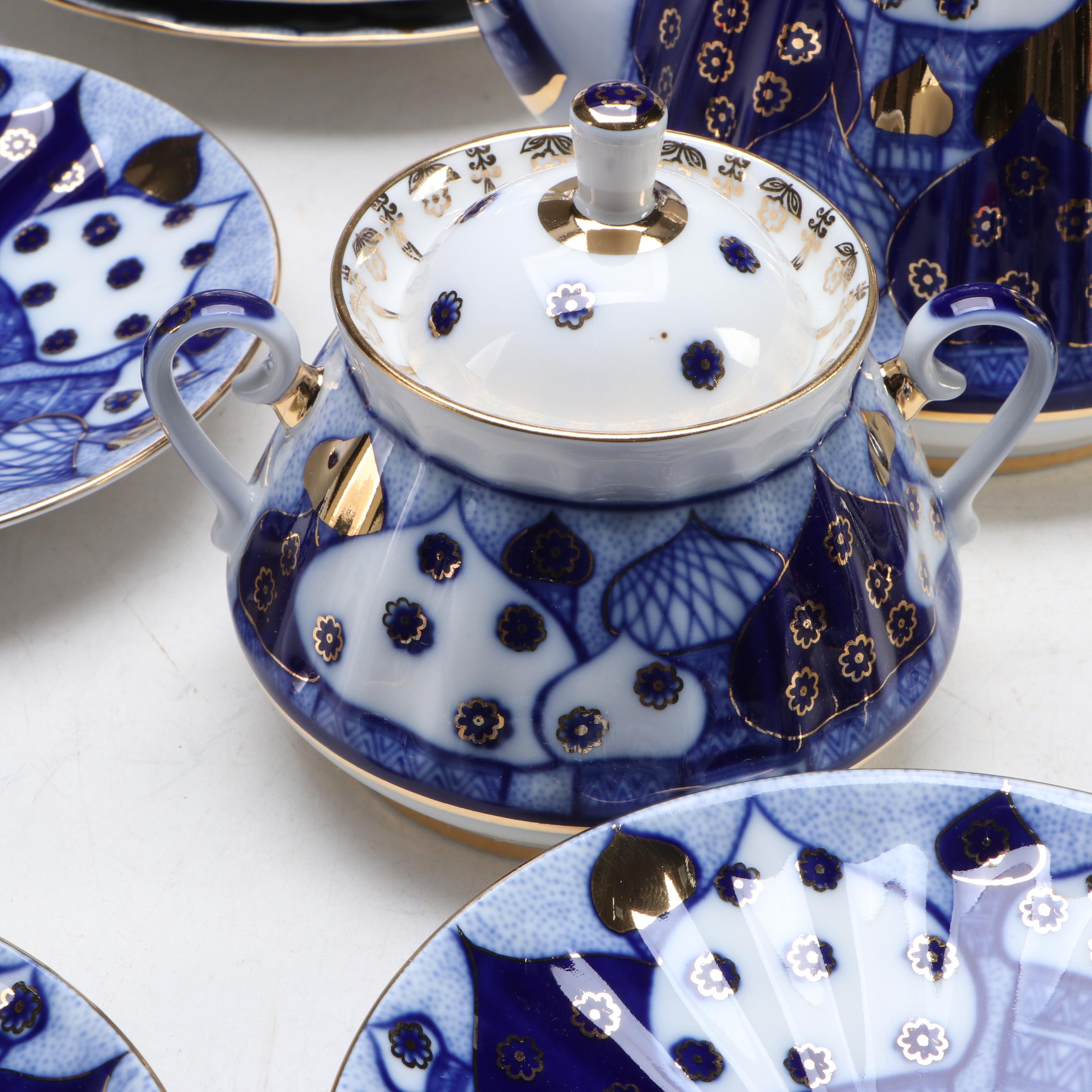 Lomonosov "Russian Domes" Gilded Blue and White Porcelain Tea Set
