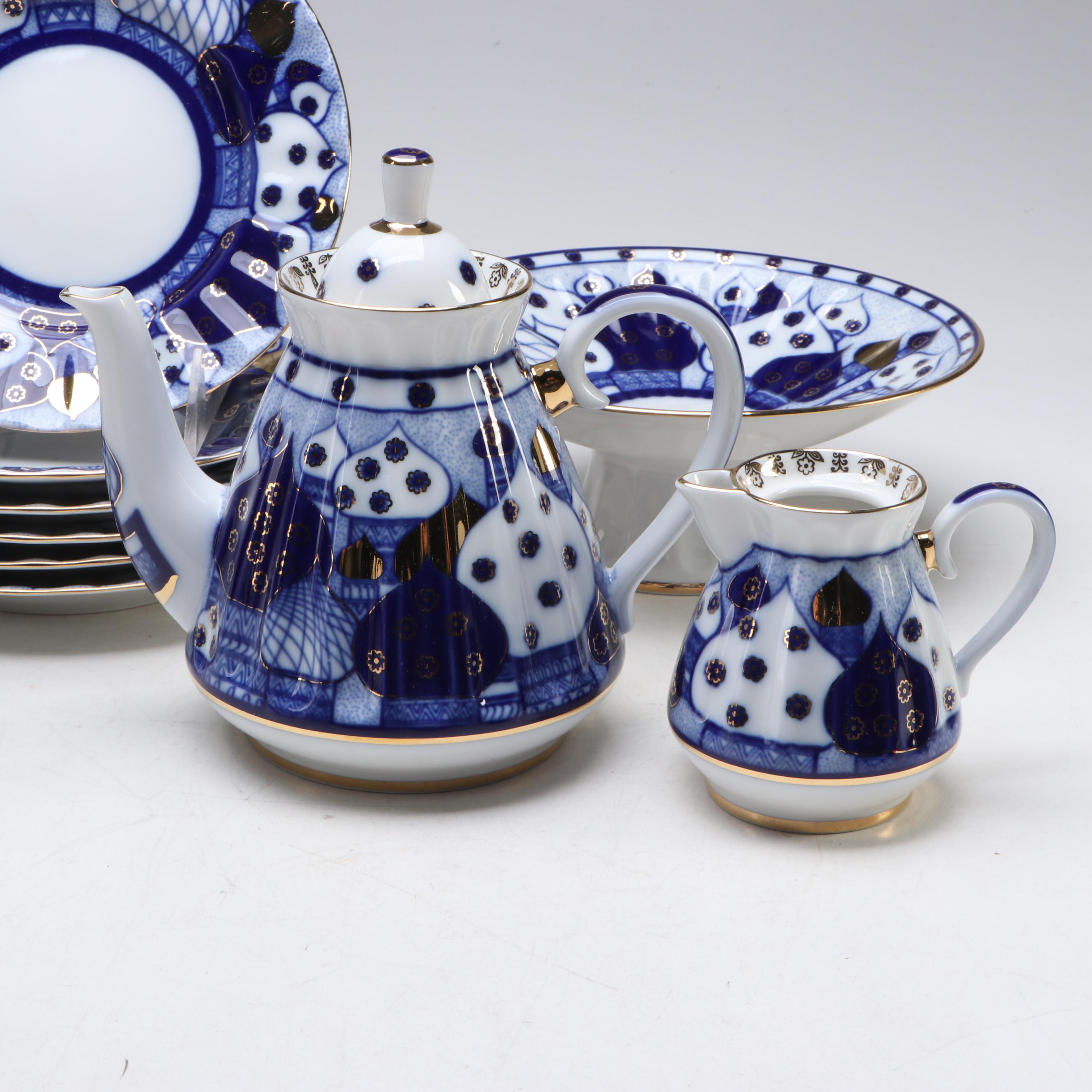 Lomonosov "Russian Domes" Gilded Blue and White Porcelain Tea Set