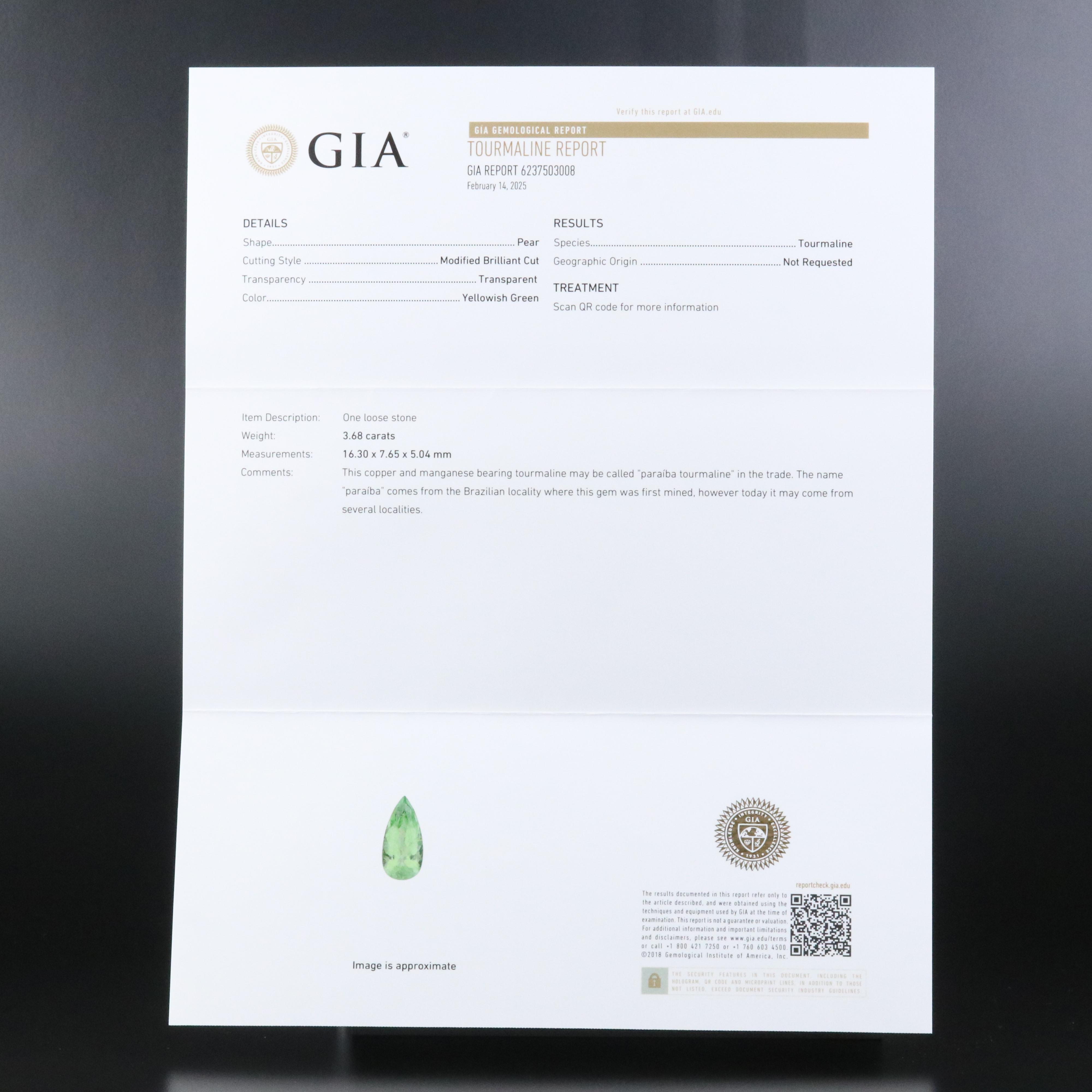 Oscar Friedman Platinum 3.68 CT Paraiba Tourmaline and Diamond Ring with GIA