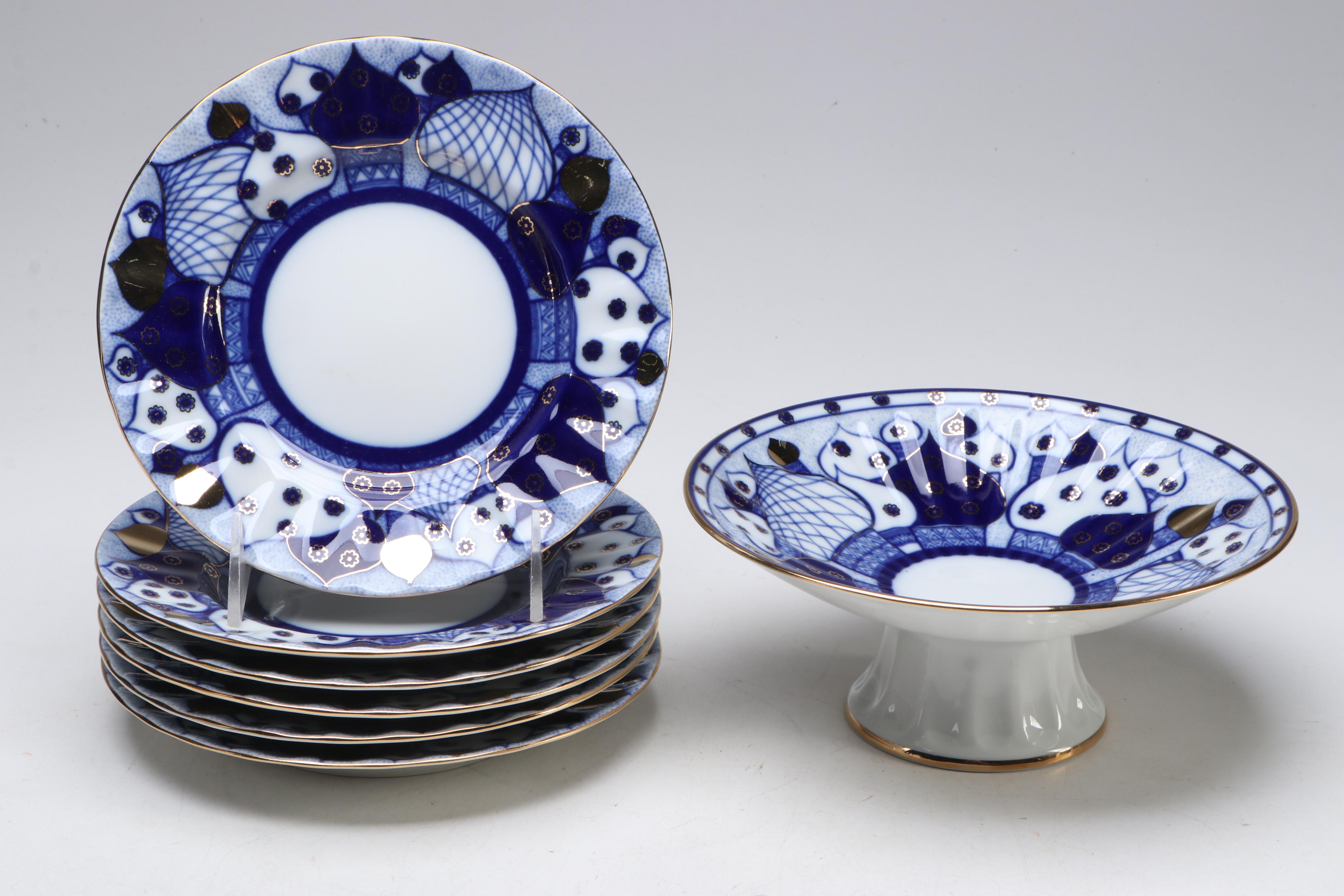 Lomonosov "Russian Domes" Gilded Blue and White Porcelain Tea Set