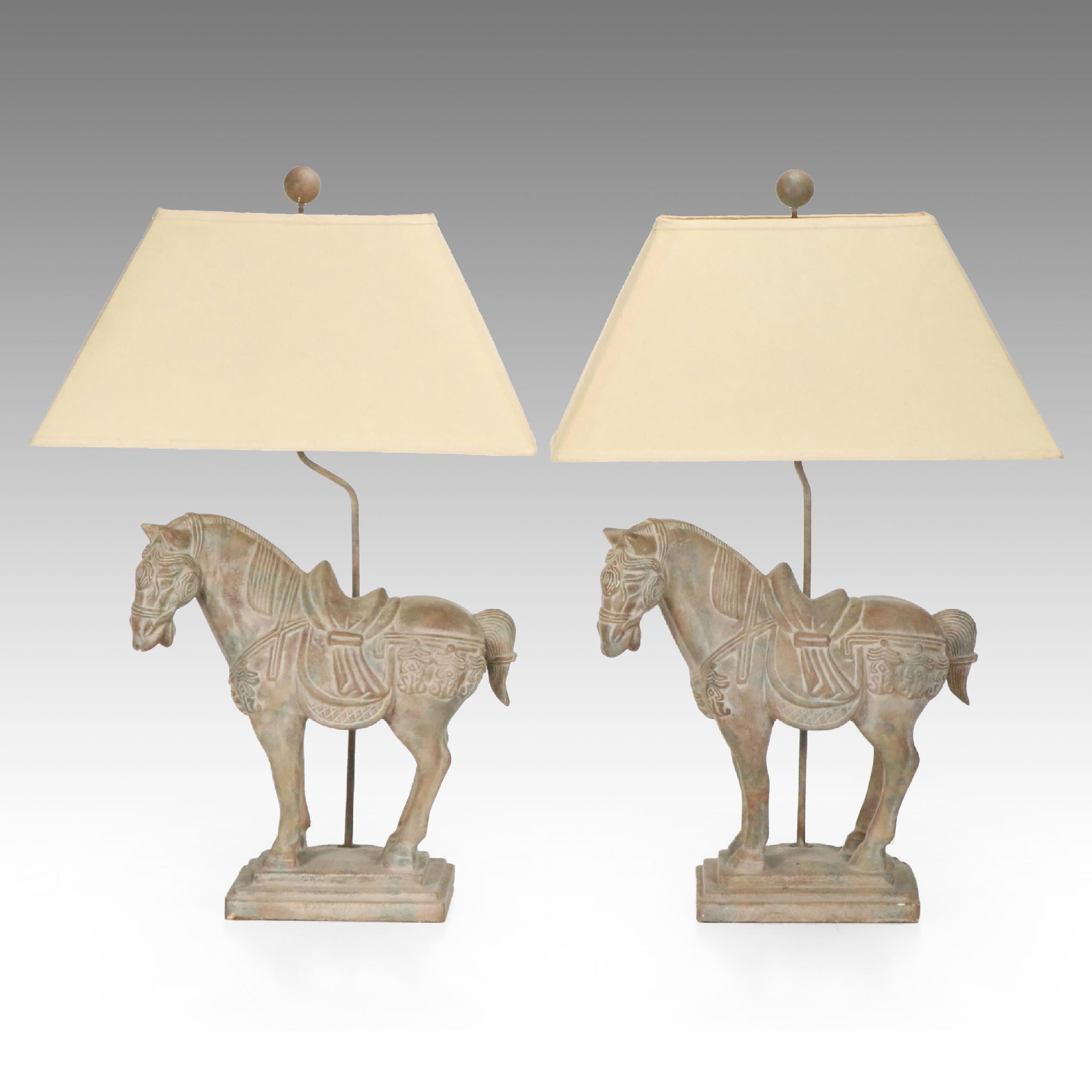 Chinese Tang Dynasty Horse Table Lamp Pair with Pyramid Shades
