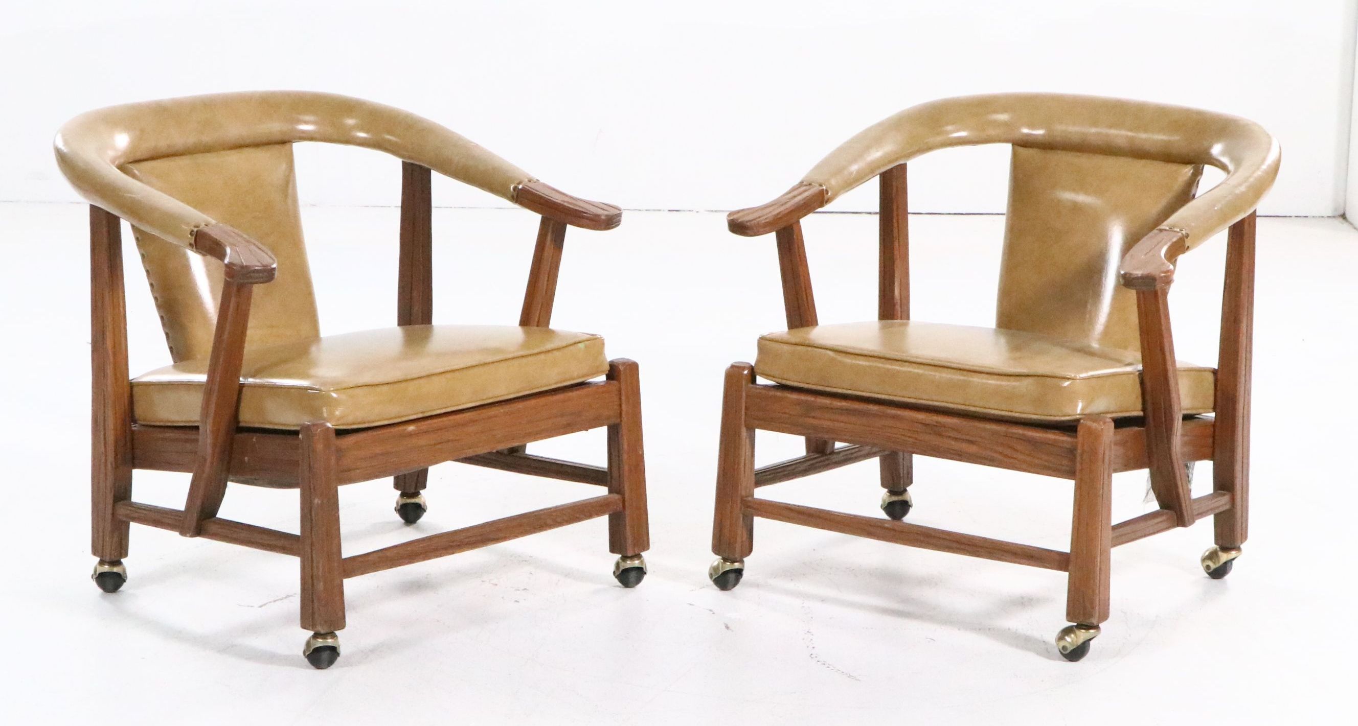 Pair of Oak Armchairs on Ball Casters, Mid-20th Century