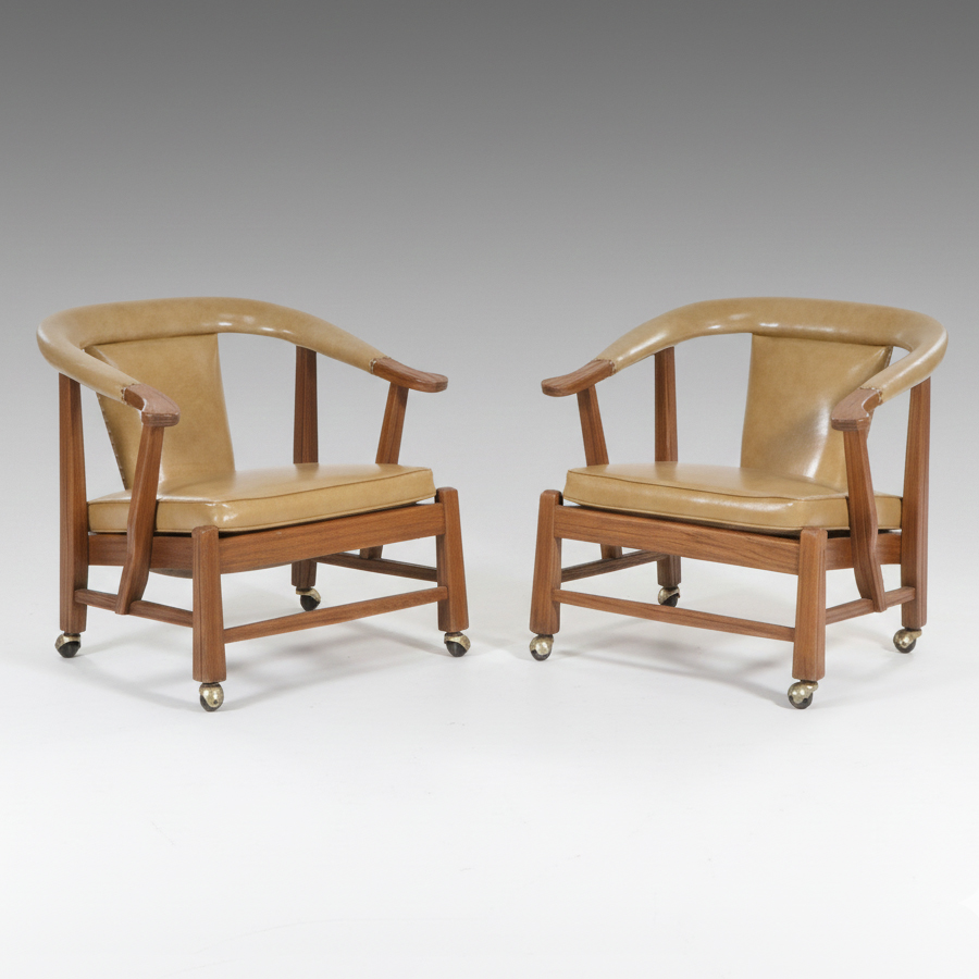 Pair of Oak Armchairs on Ball Casters, Mid-20th Century