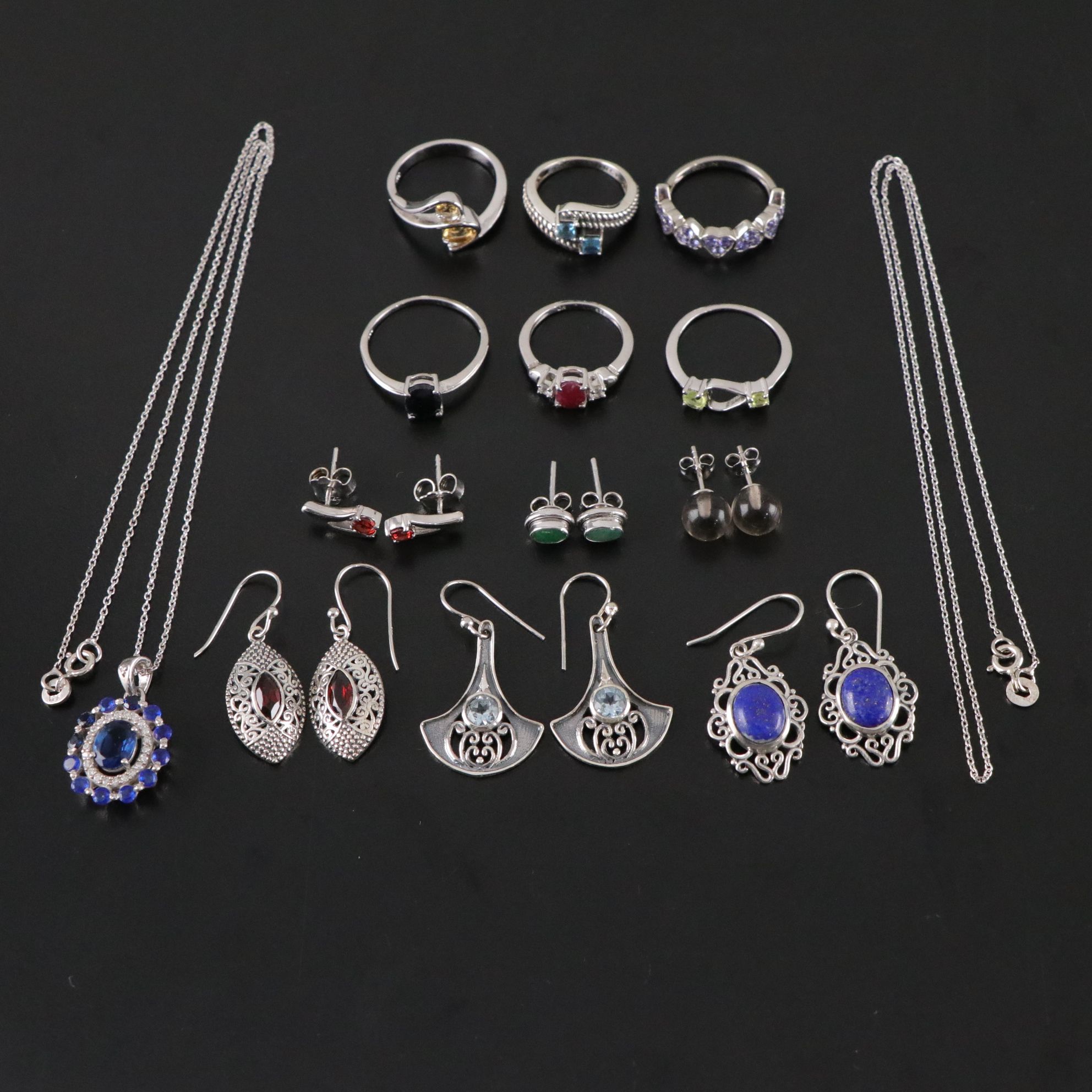 14 Assorted Sterling Silver Rings, Necklaces and Earrings